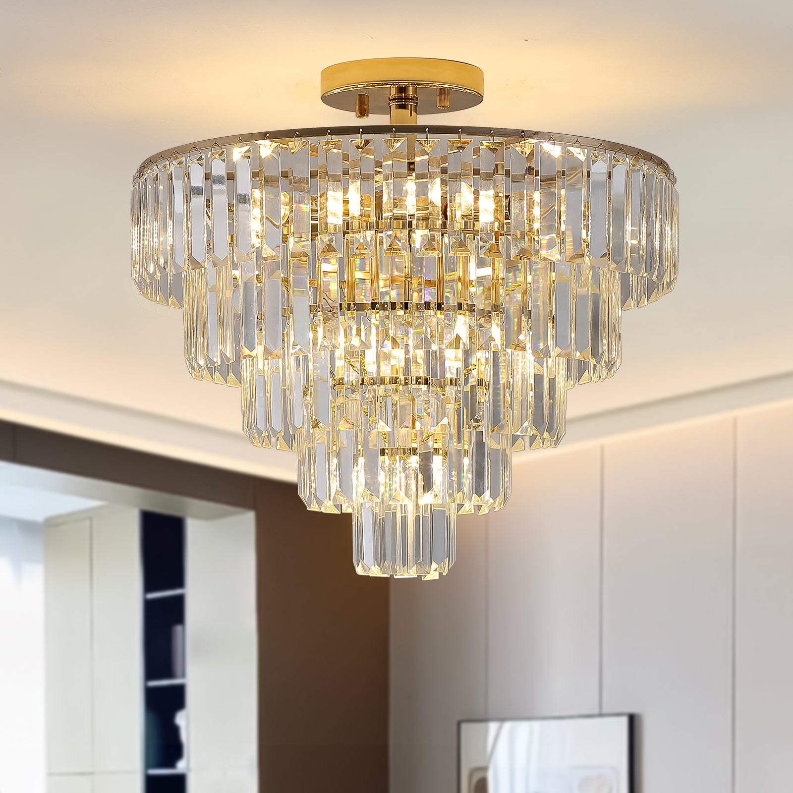 Modern 5-Tier Round Semi Flush Mount Chandelier Light Fixture Gold Crystal