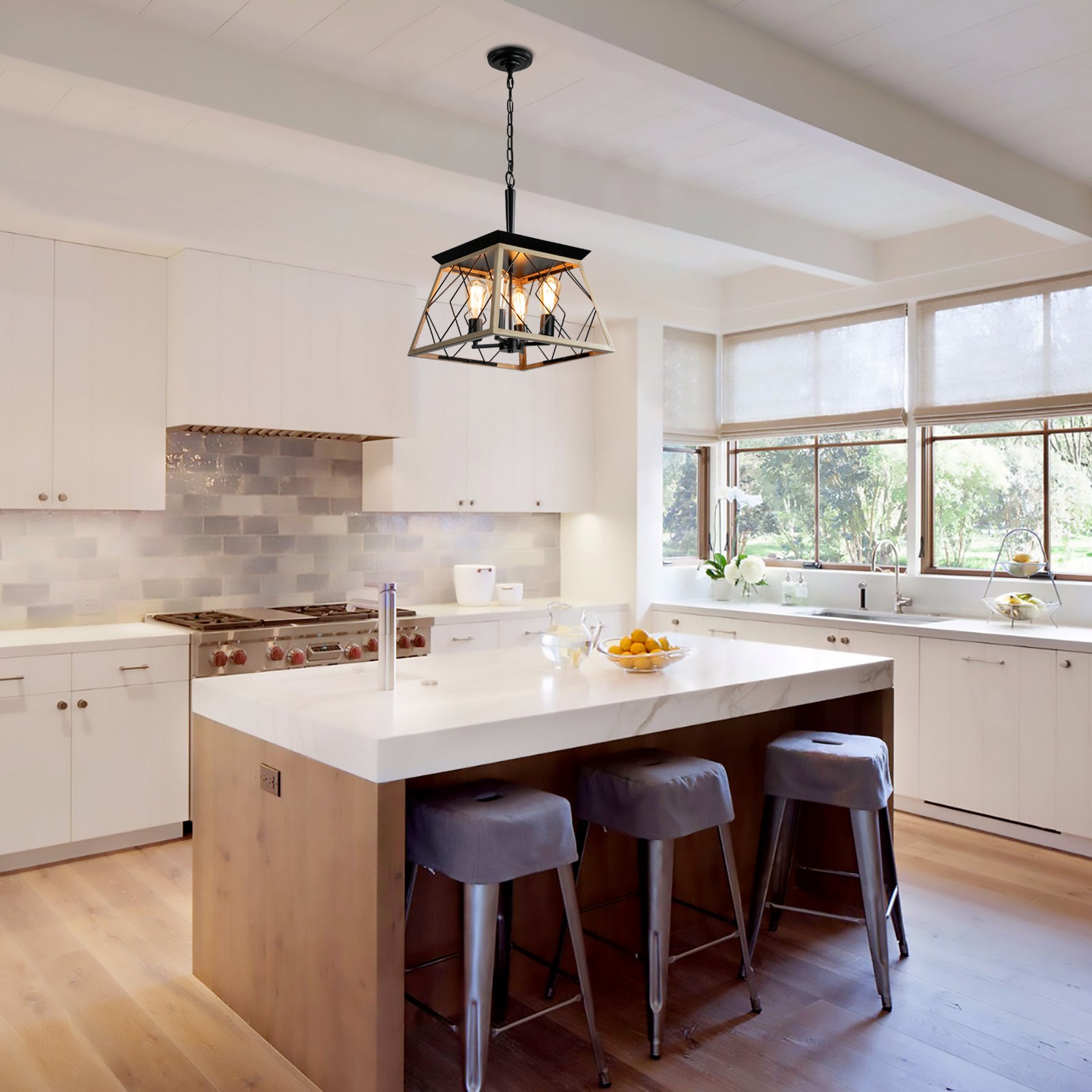 Farmhouse Chandeliers  4-Light  For Dining Room In Black&Walnut