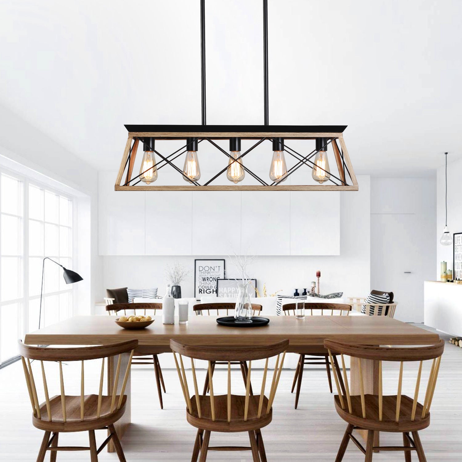 Rustic Style Oak 5-Light Farmhouse Chandeliers For Dining Room Black&White