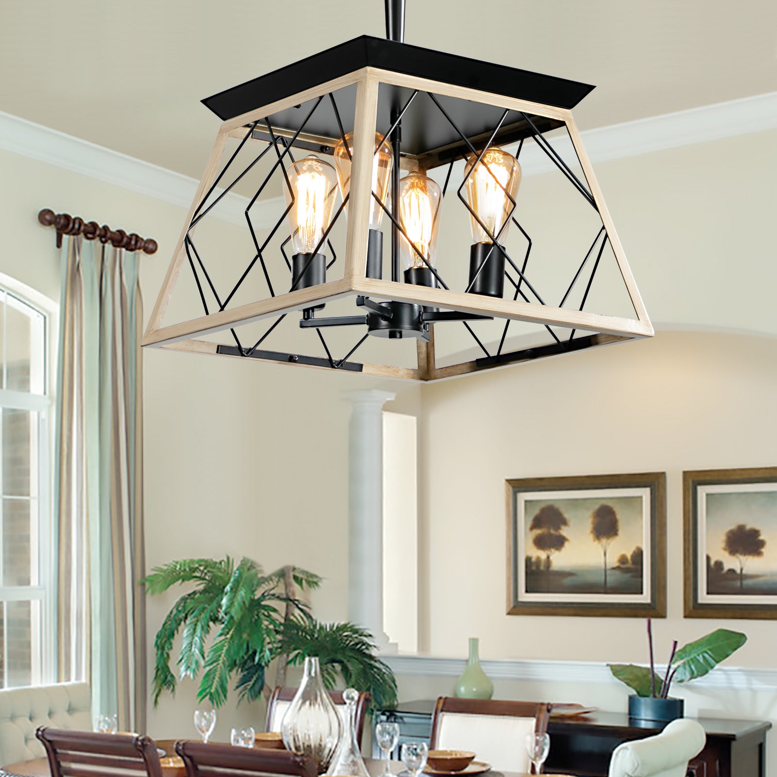 Farmhouse Chandeliers  4-Light  For Dining Room In Black&Walnut