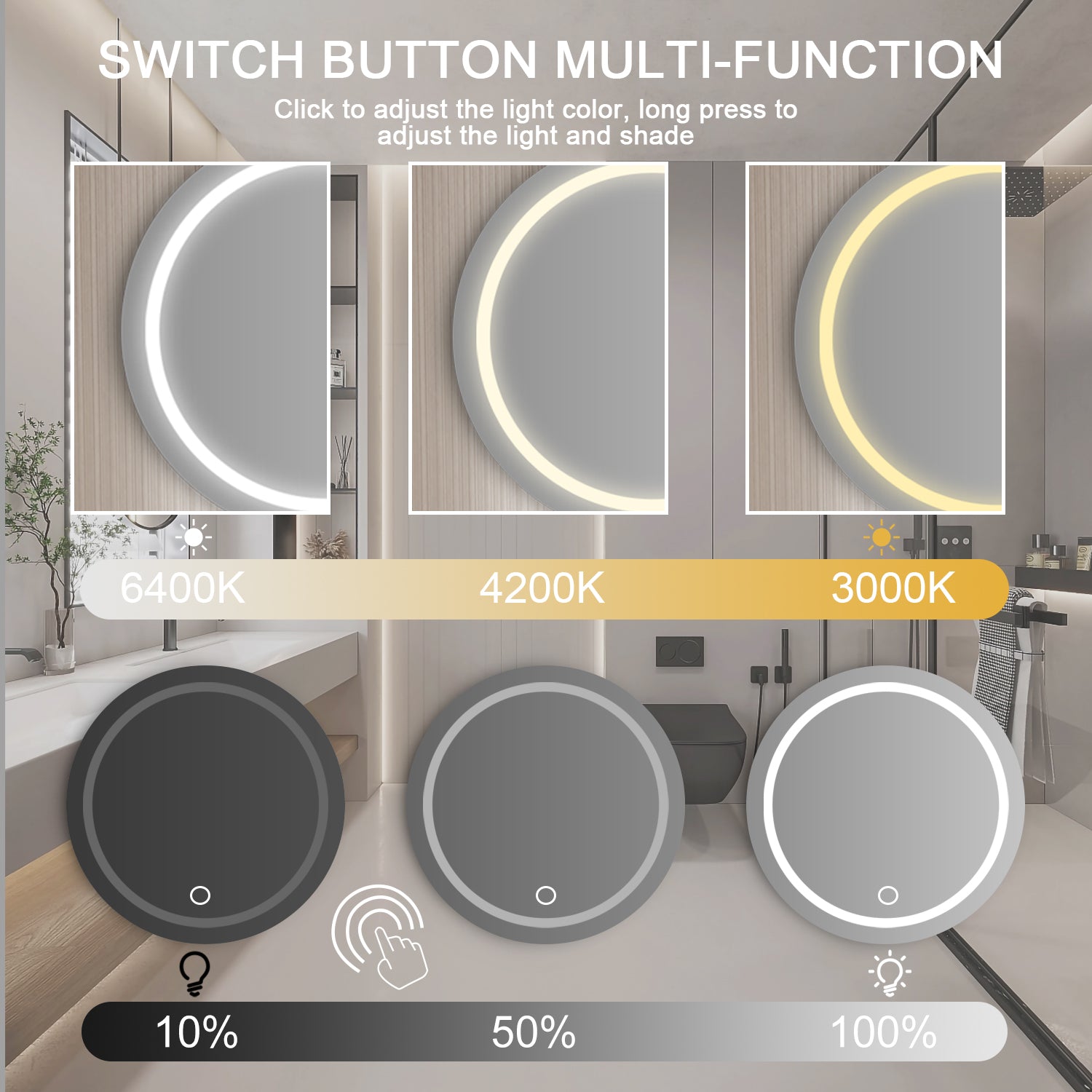 24''x24'' LED Circle Mirror Rectangle LED Wall-Mounted Dressing In Clear