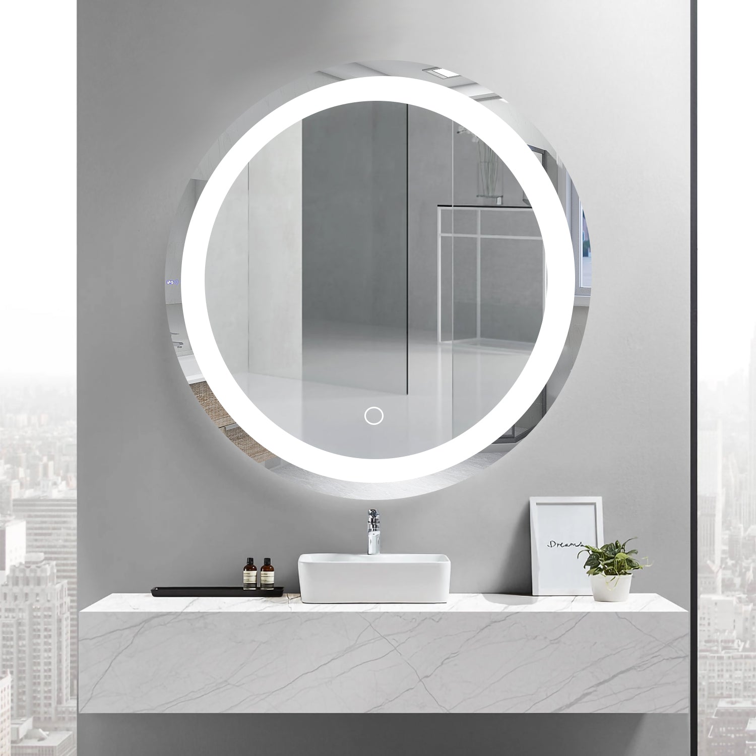 24''x24'' LED Circle Mirror Rectangle LED Wall-Mounted Dressing In Clear