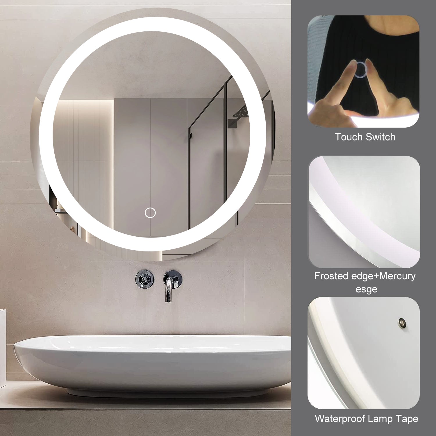 24''x24'' LED Circle Mirror Rectangle LED Wall-Mounted Dressing In Clear