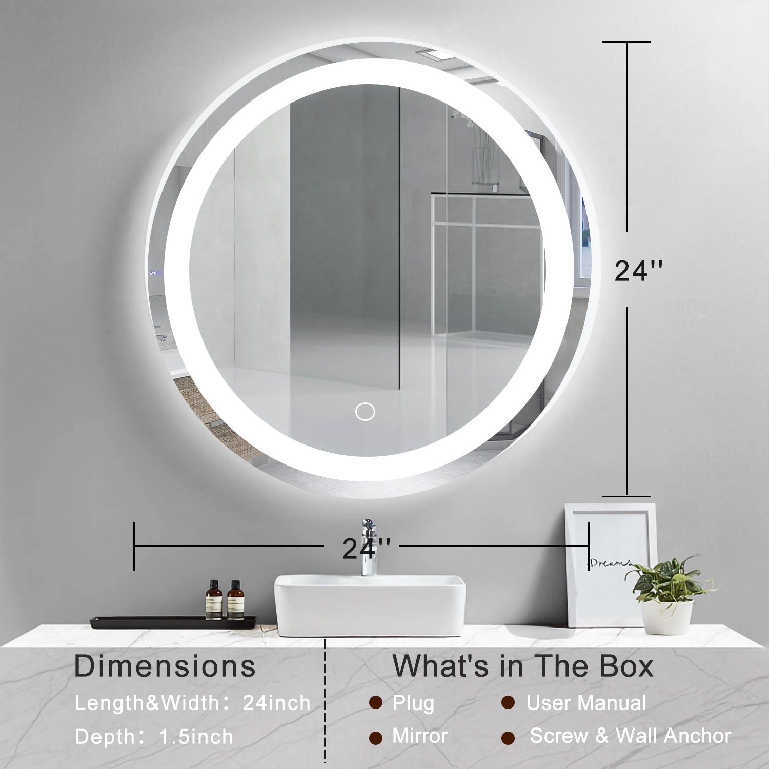 24''x24'' LED Circle Mirror Rectangle LED Wall-Mounted Dressing In Clear