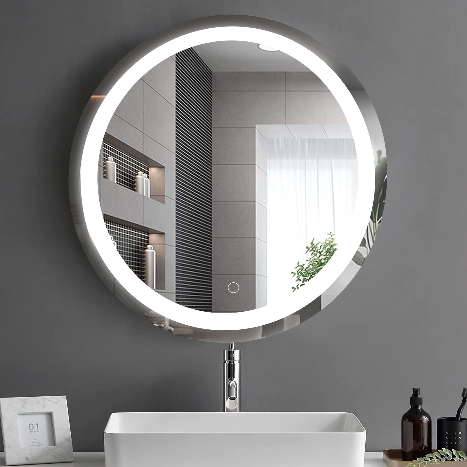 24''x24'' LED Circle Mirror Rectangle LED Wall-Mounted Dressing In Clear