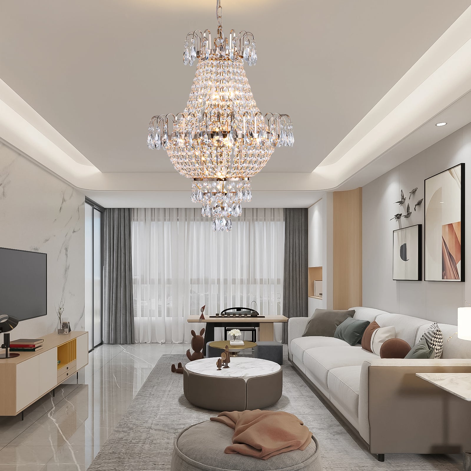 Modern Tiered Crystal LED Chandelier Luxury Ceiling Lighting in French Gold