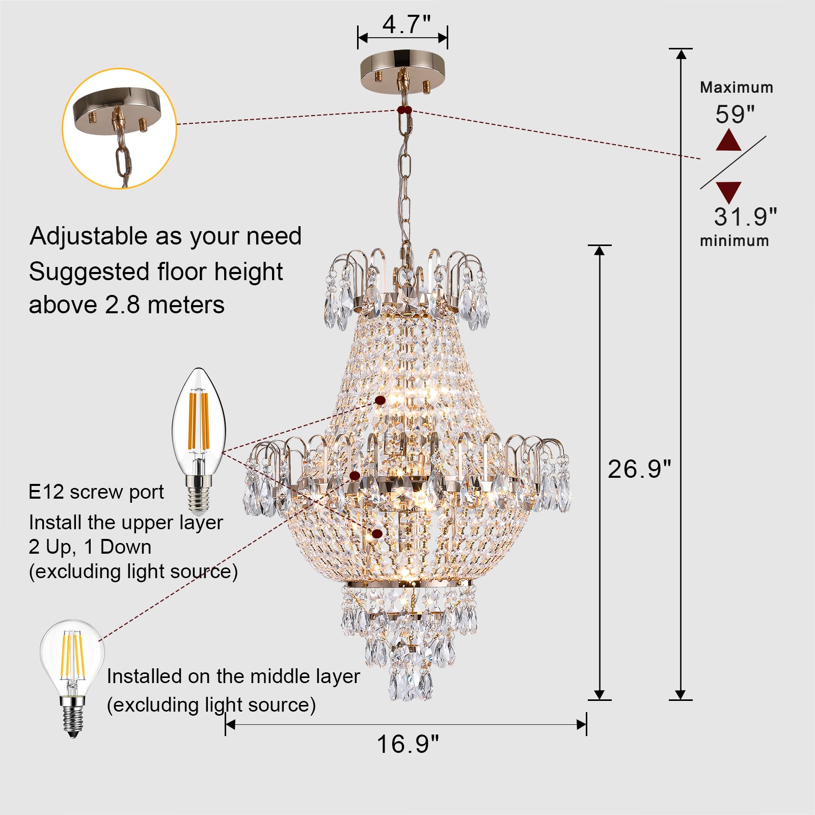 Modern Tiered Crystal LED Chandelier Luxury Ceiling Lighting in French Gold