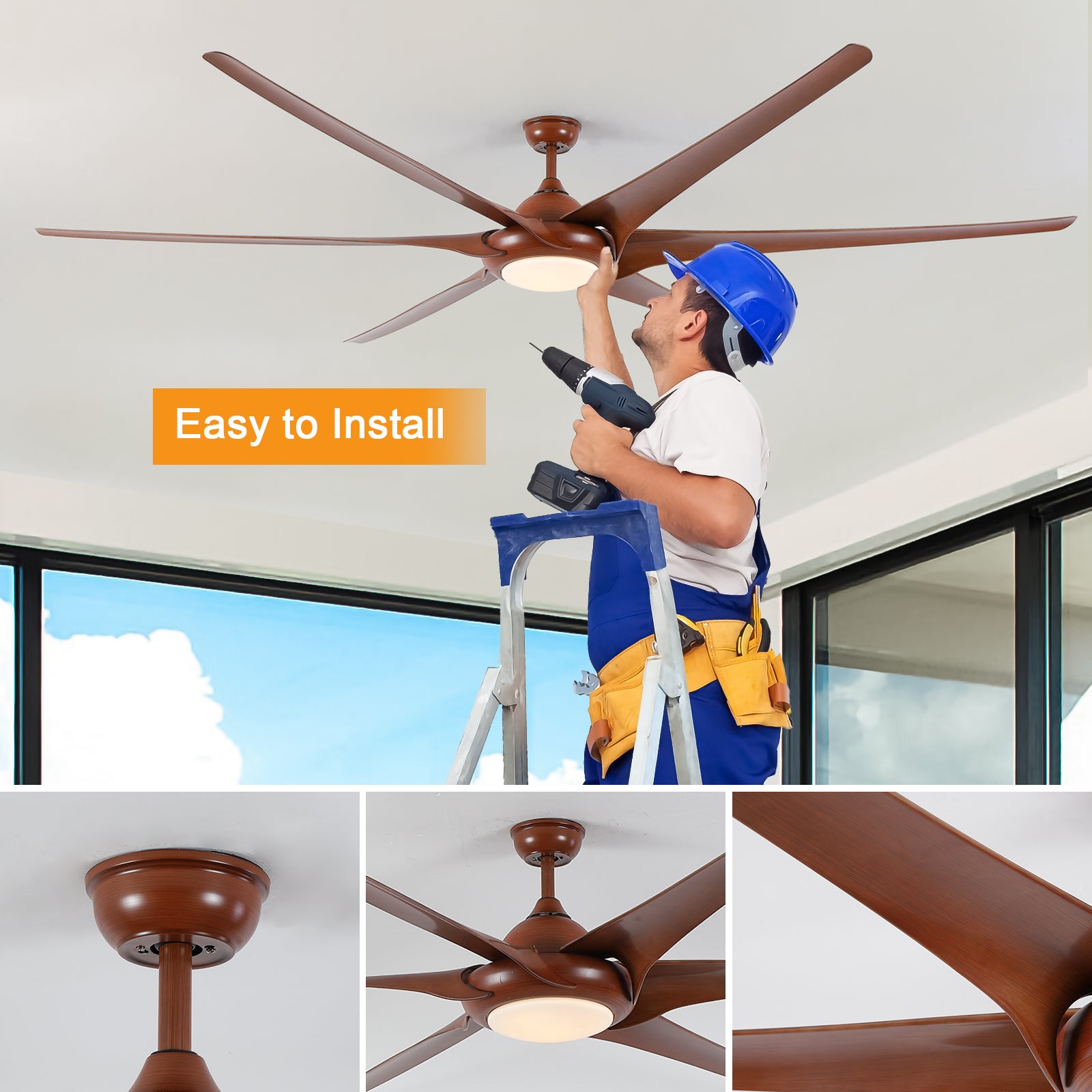 100" LED Ceiling Fans Light With 6-Blades Reversible Blades with Remote Control in wooden