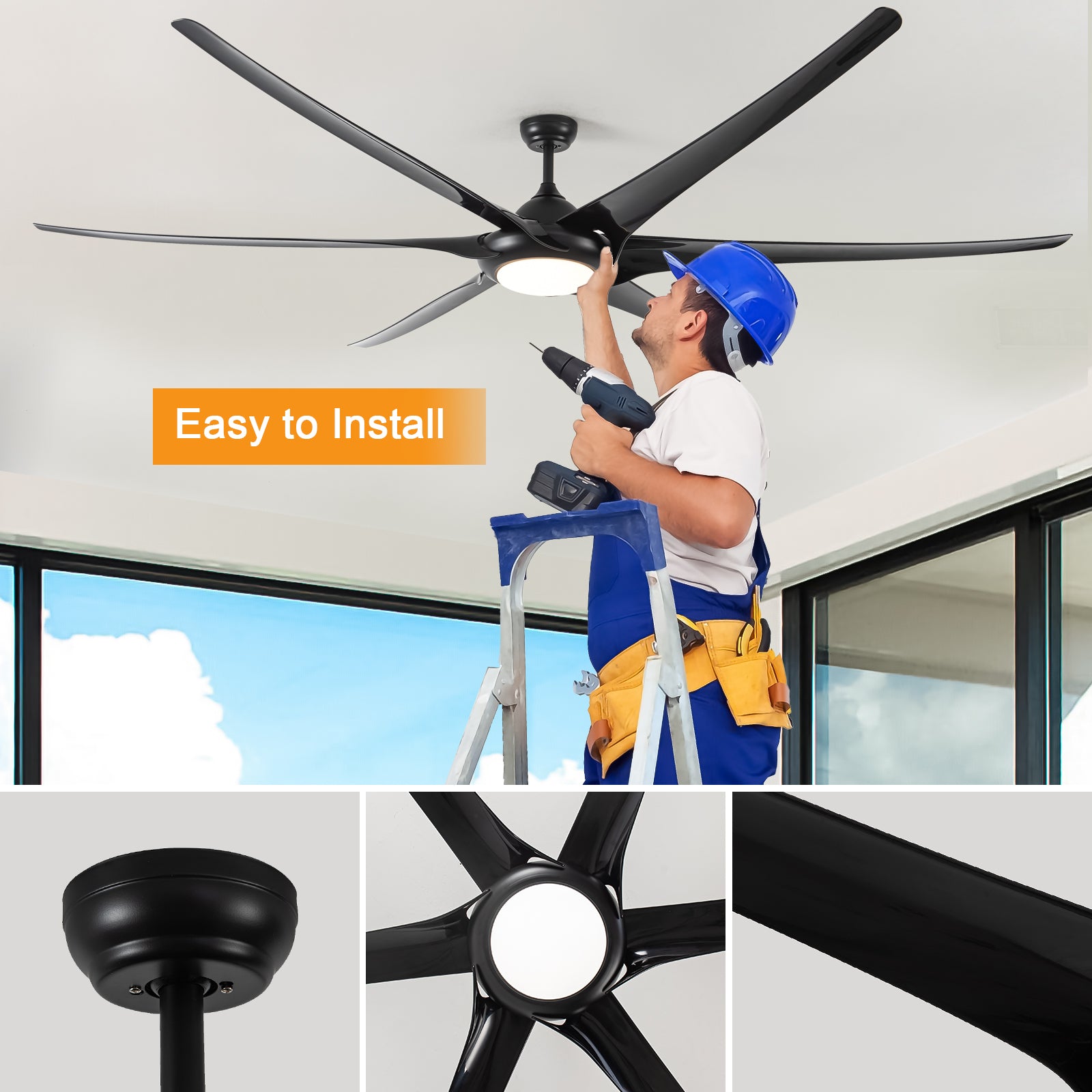 100" LED Ceiling Fans Light With 6-Blades Reversible Blades with Remote Control in Black