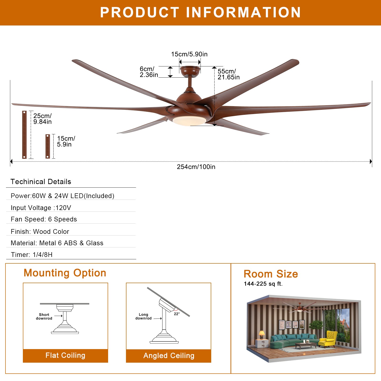 100" LED Ceiling Fans Light With 6-Blades Reversible Blades with Remote Control in wooden