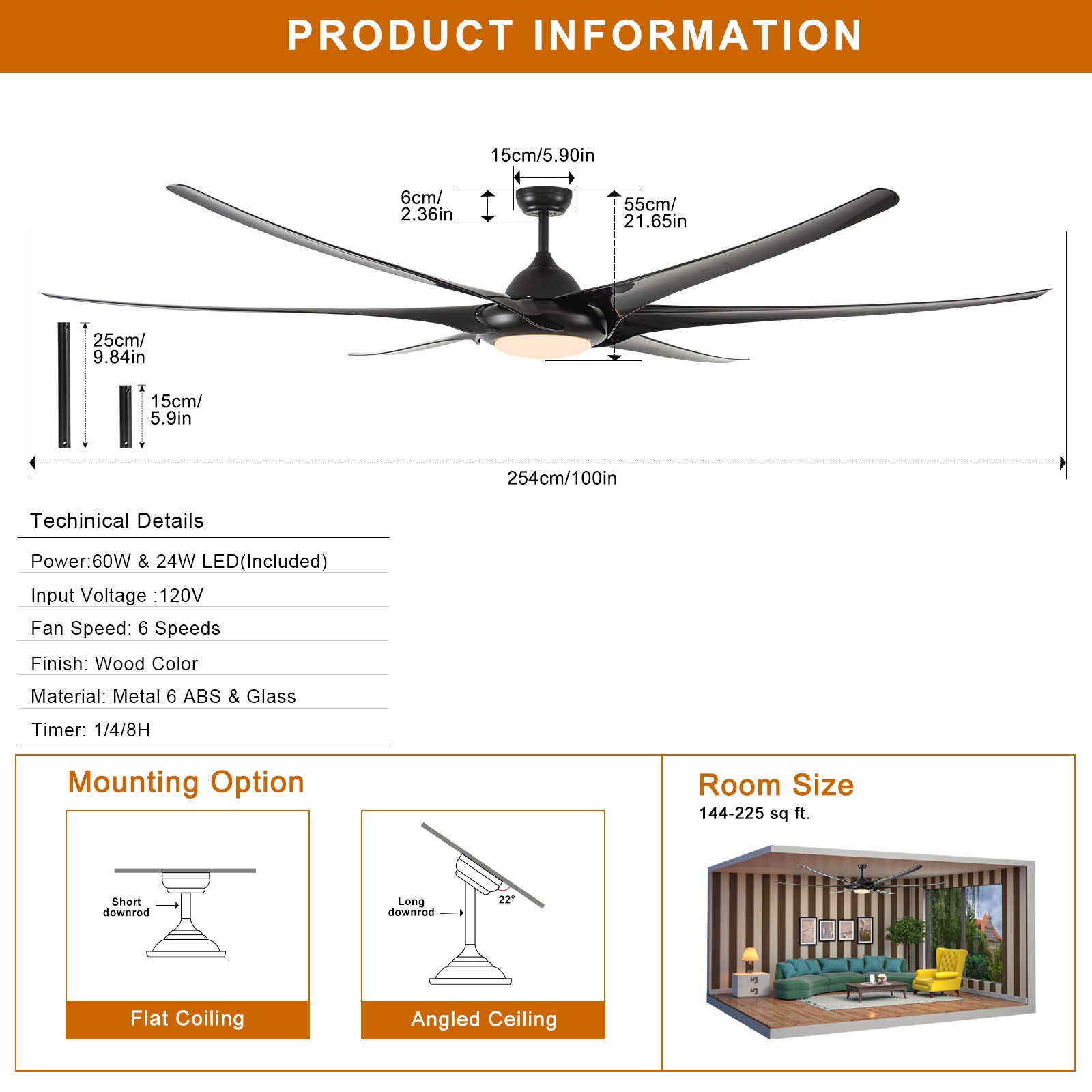 100" LED Ceiling Fans Light With 6-Blades Reversible Blades with Remote Control in Black