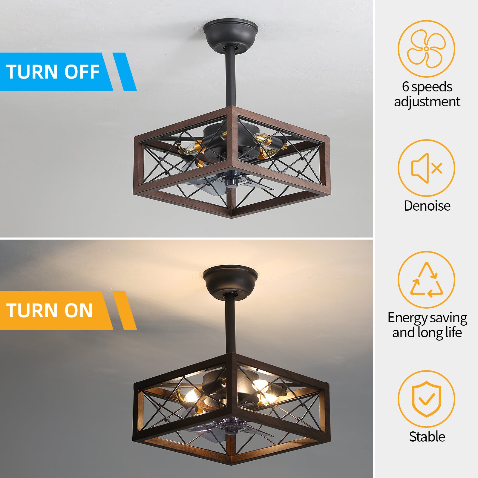 Modern 18'' cage-type square ceiling fan with light remote control APP