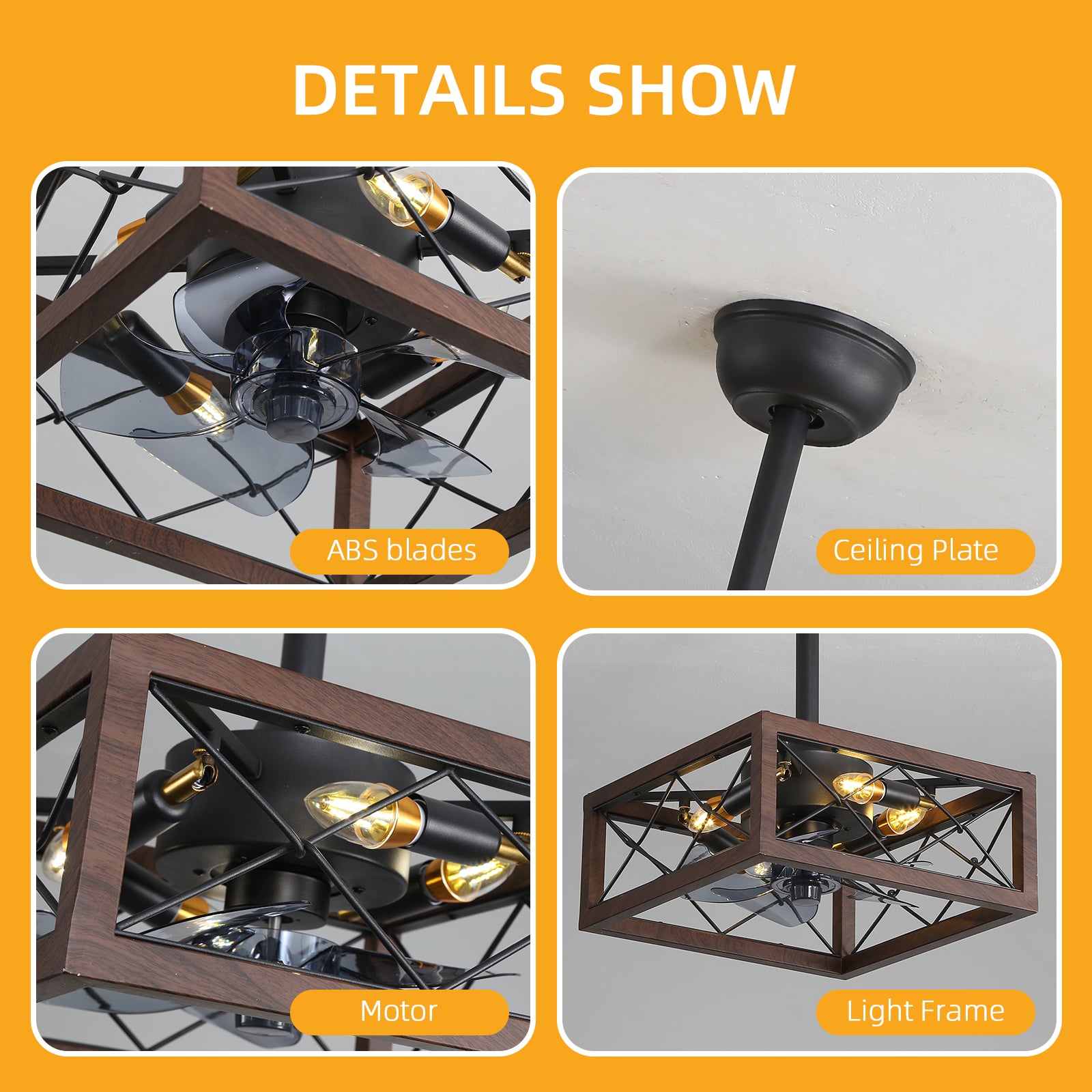 Modern 18'' cage-type square ceiling fan with light remote control APP