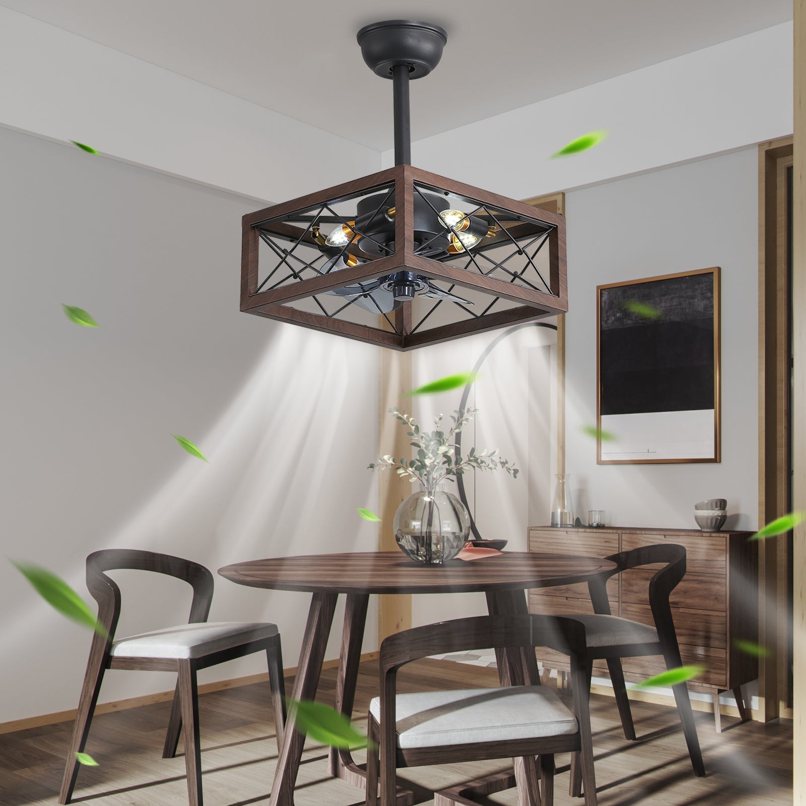 Modern 18'' cage-type square ceiling fan with light remote control APP