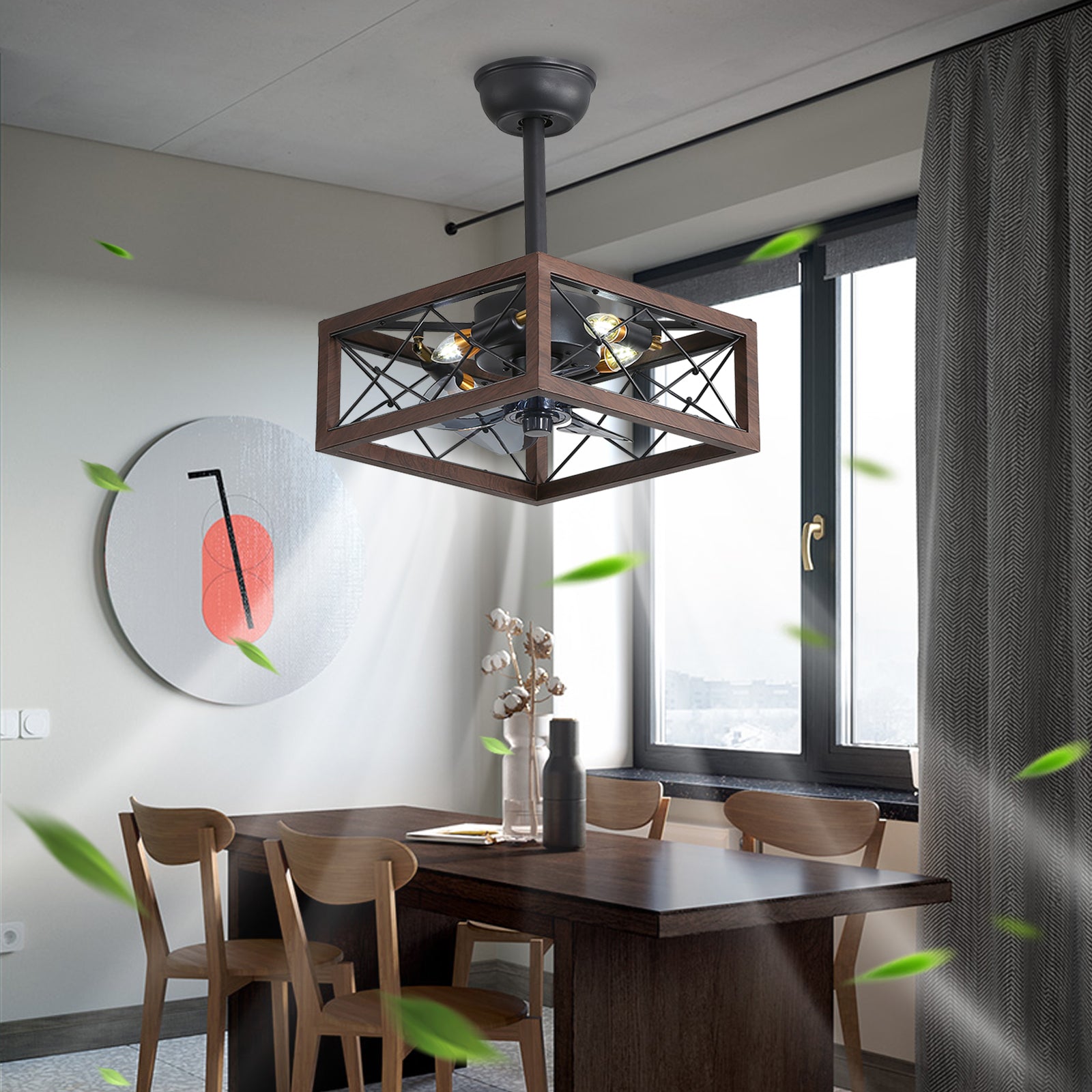 Modern 18'' cage-type square ceiling fan with light remote control APP