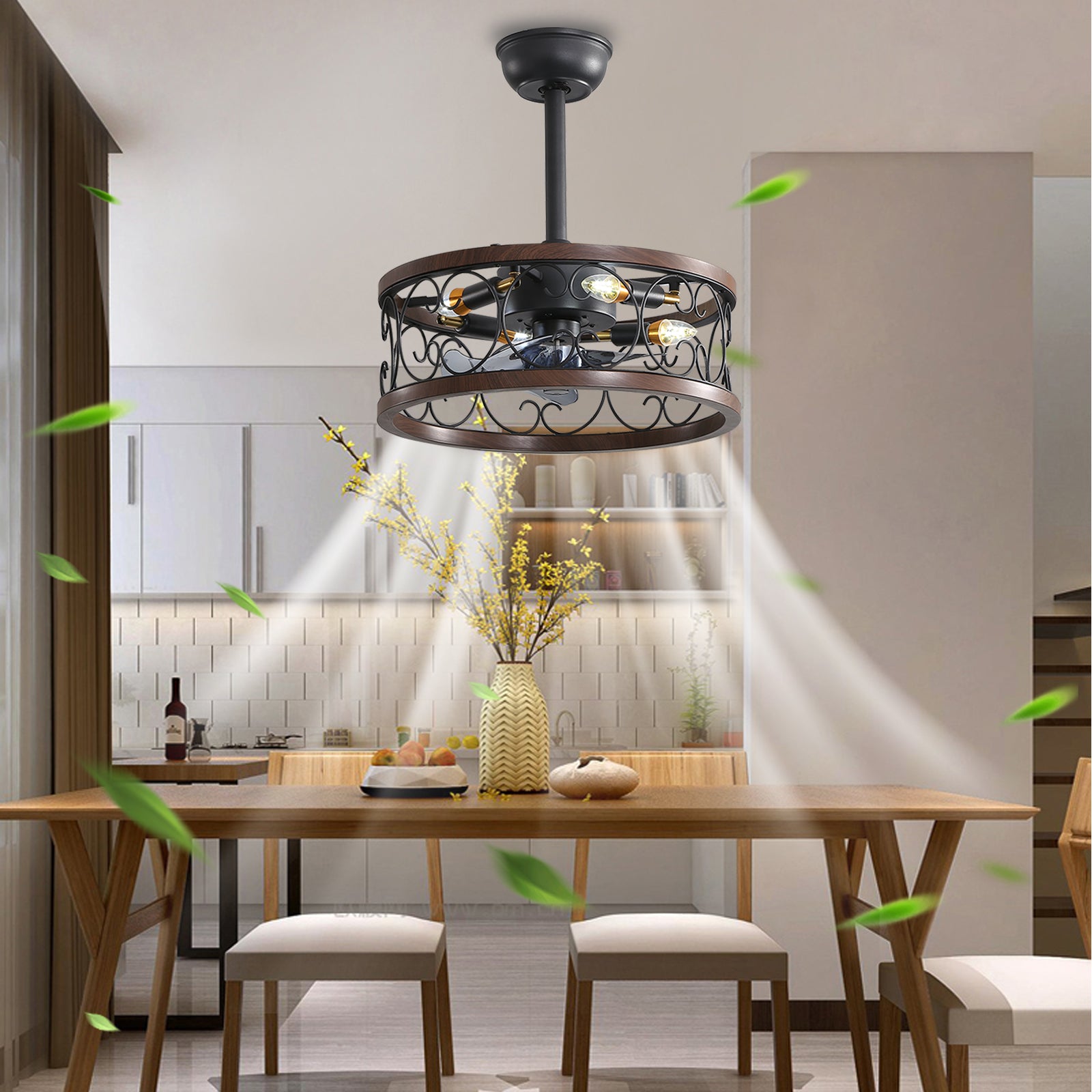 Modern Style 18'' Smart Caged Ceiling Fan with Lights and Remote Control