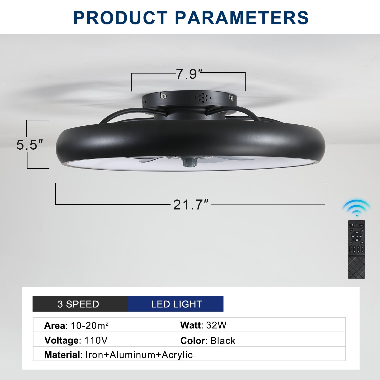 Modern 21" LED 5-Blades Ceiling Fans Light Reversible Blades in Black&White