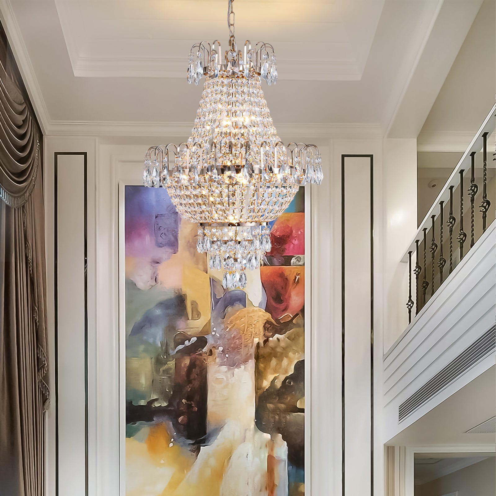 Modern Tiered Crystal LED Chandelier Luxury Ceiling Lighting in French Gold