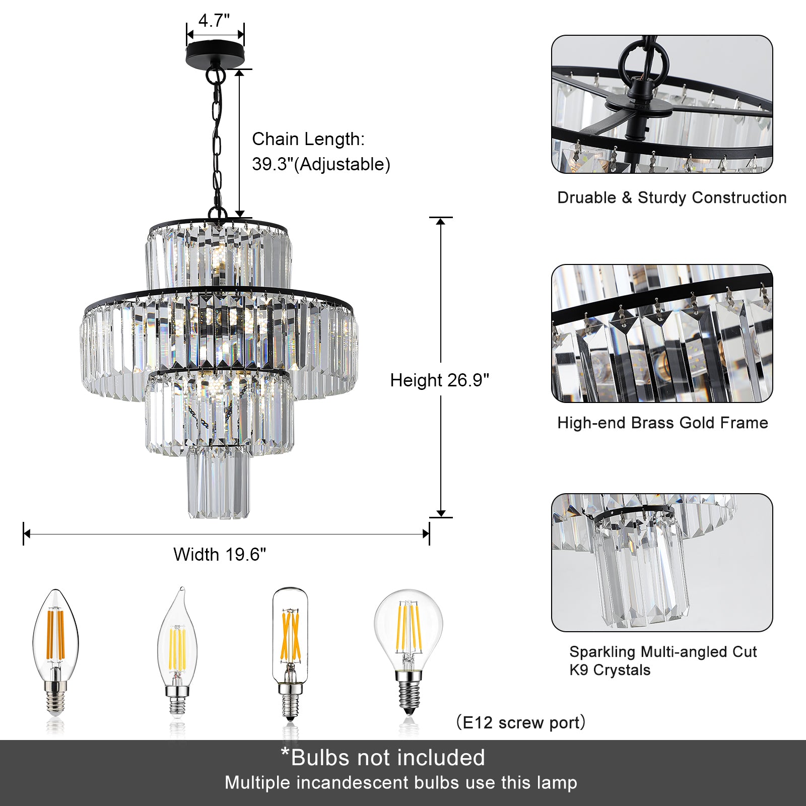 Modern 19.7 Inch Chandeliers Lights With Luxury Black