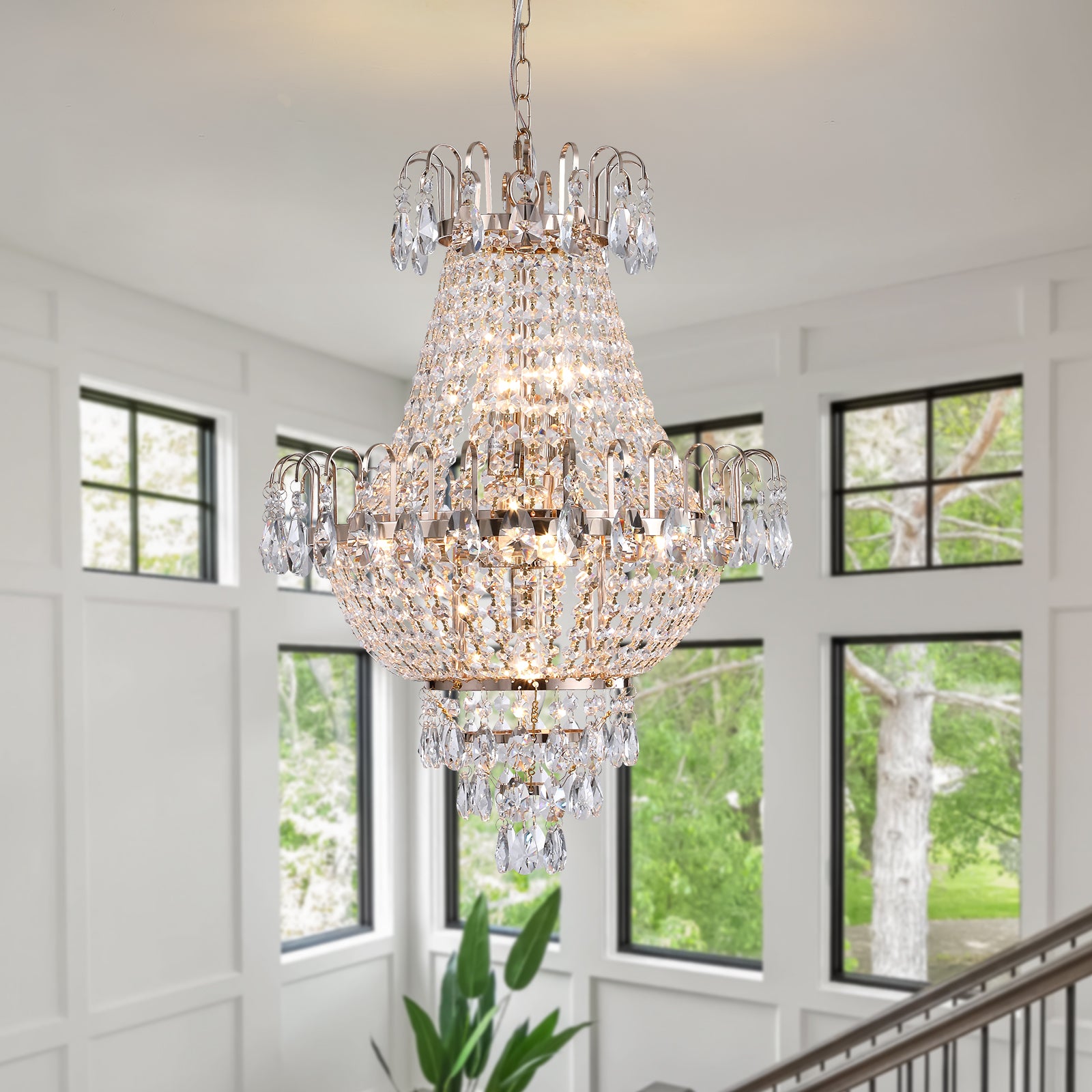 Modern Tiered Crystal LED Chandelier Luxury Ceiling Lighting in French Gold