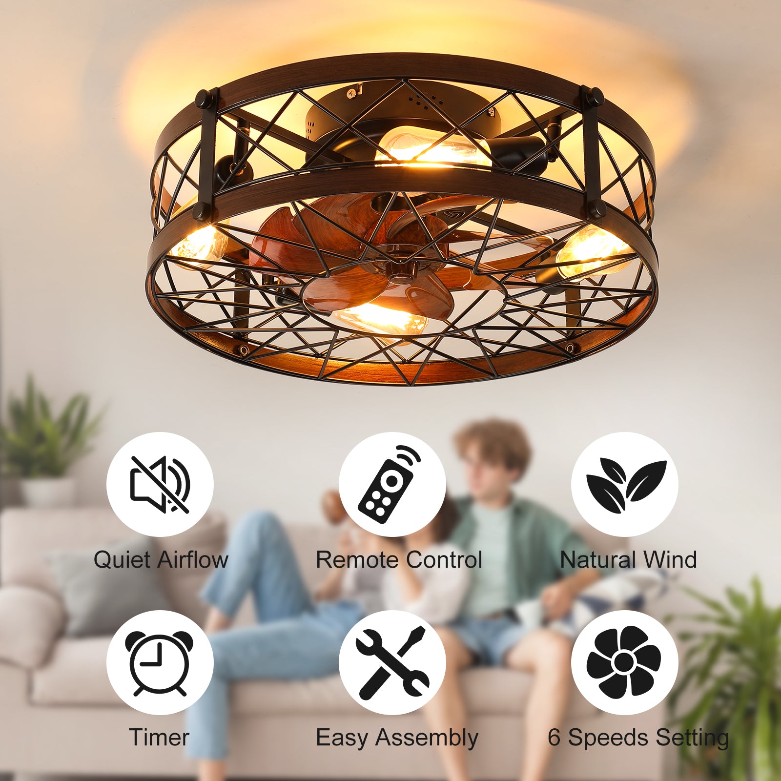 Modern 20" LED Ceiling Fans Light With 6-Blades in Black