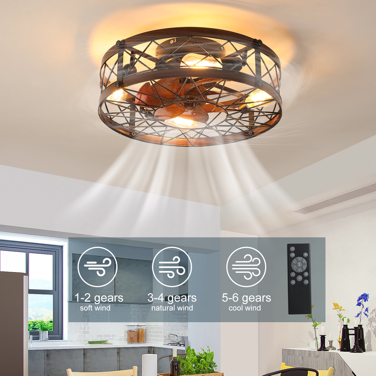 Modern 20" LED Ceiling Fans Light With 6-Blades in Black