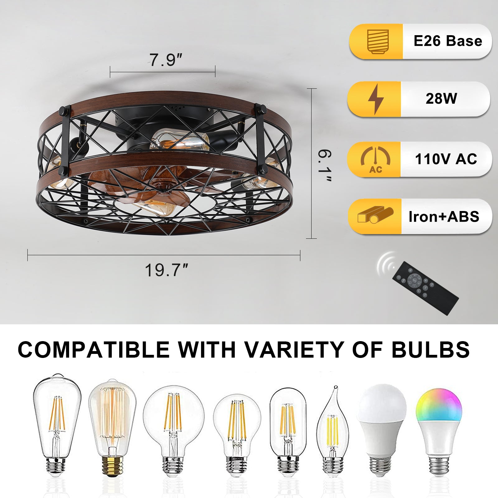 Modern 20" LED Ceiling Fans Light With 6-Blades in Black