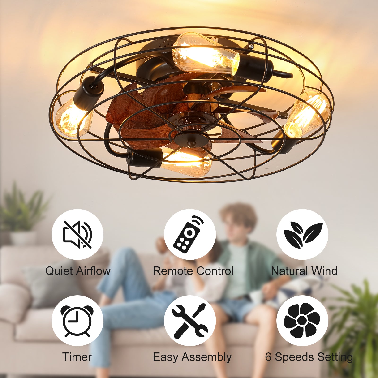 Modern 20" LED 6-Speed Ceiling Fans Light Reversible Blades in Black