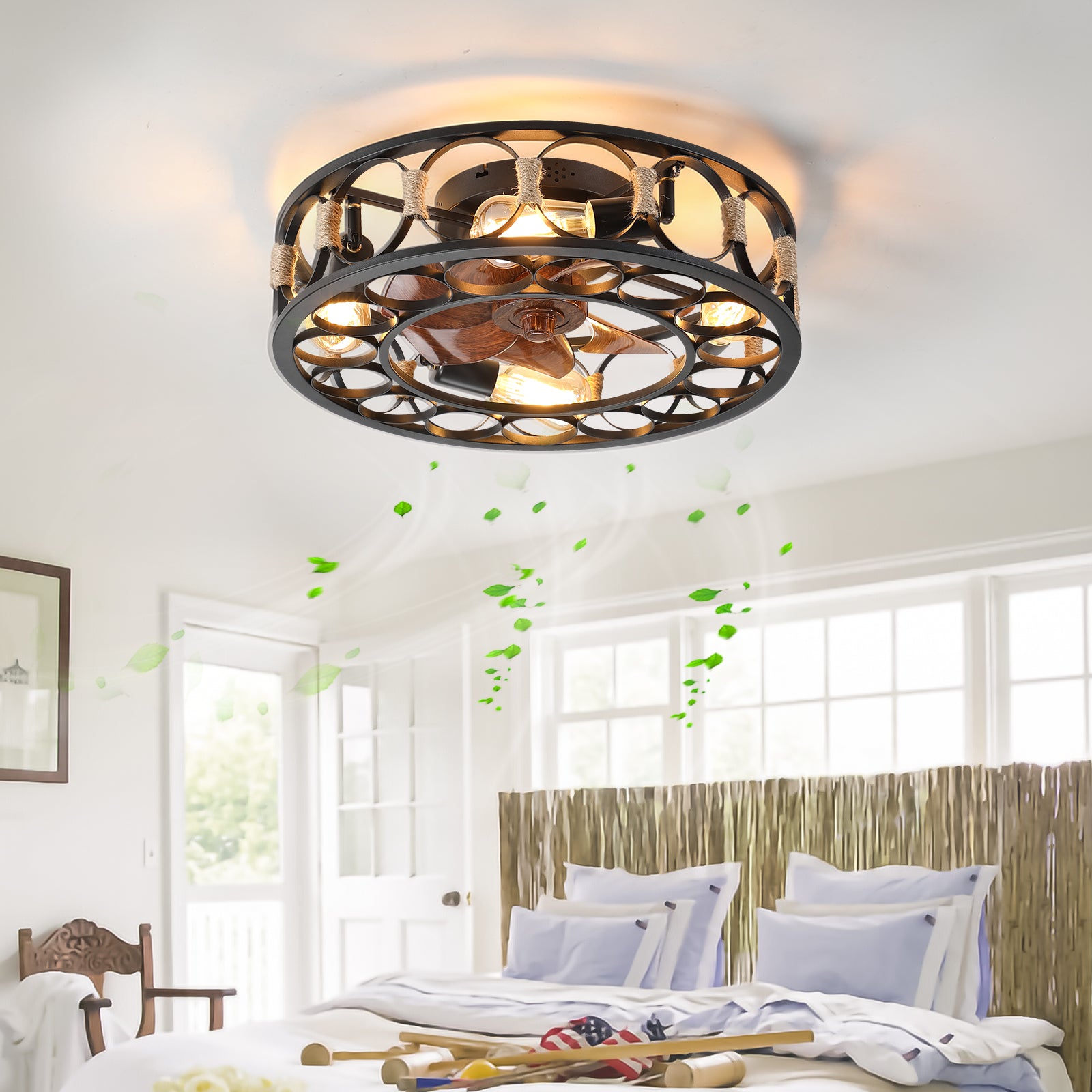 Modern 20" LED Ceiling Fans Light With 7-Blades Reversible Blades in Black