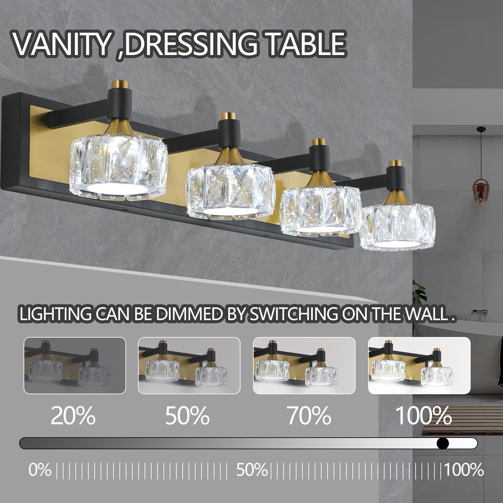 Modern Crystal LED 4-Light Bathroom Vanity Light Antique Brass