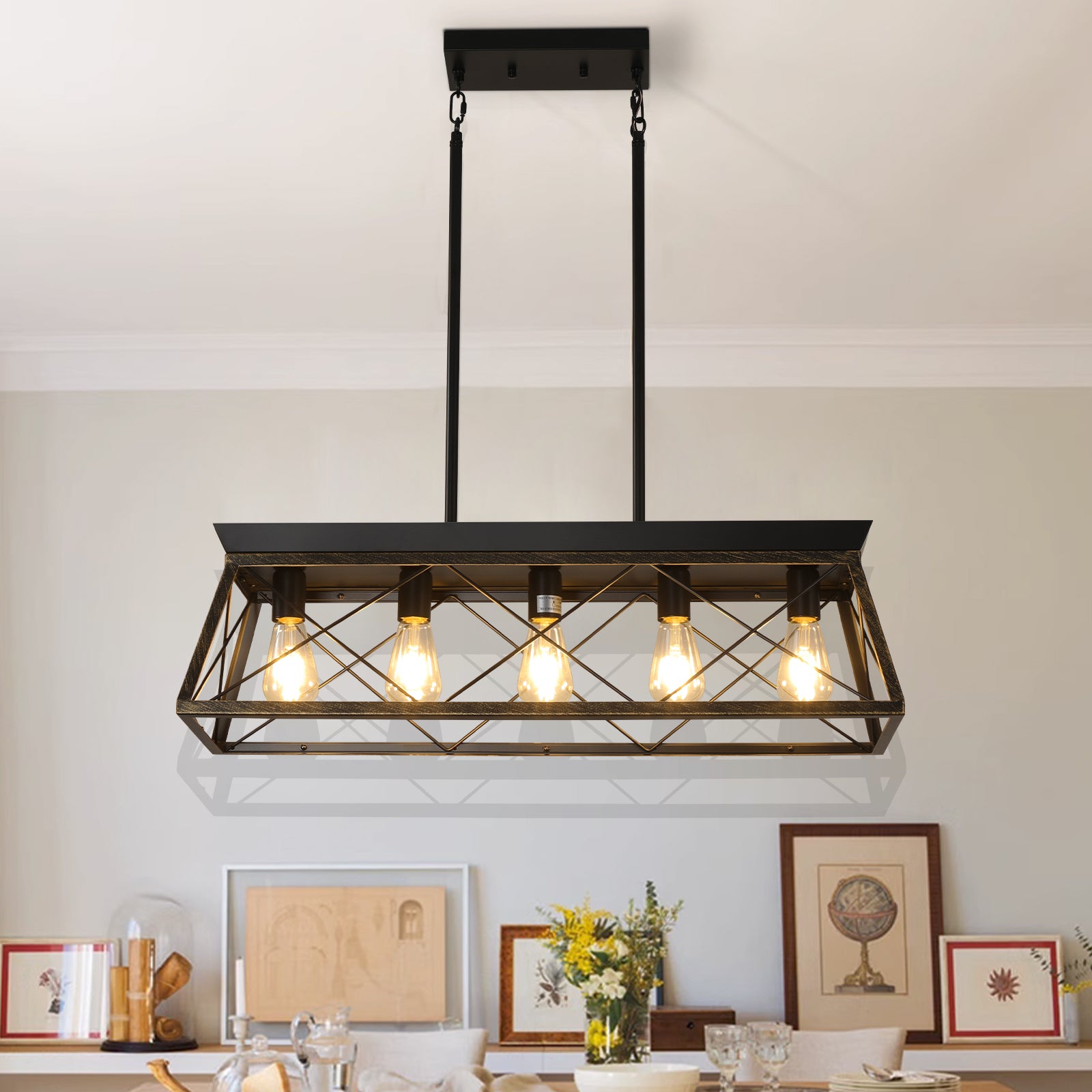 Modern Rectangular Island 5-Light for Kitchen With Black Gold