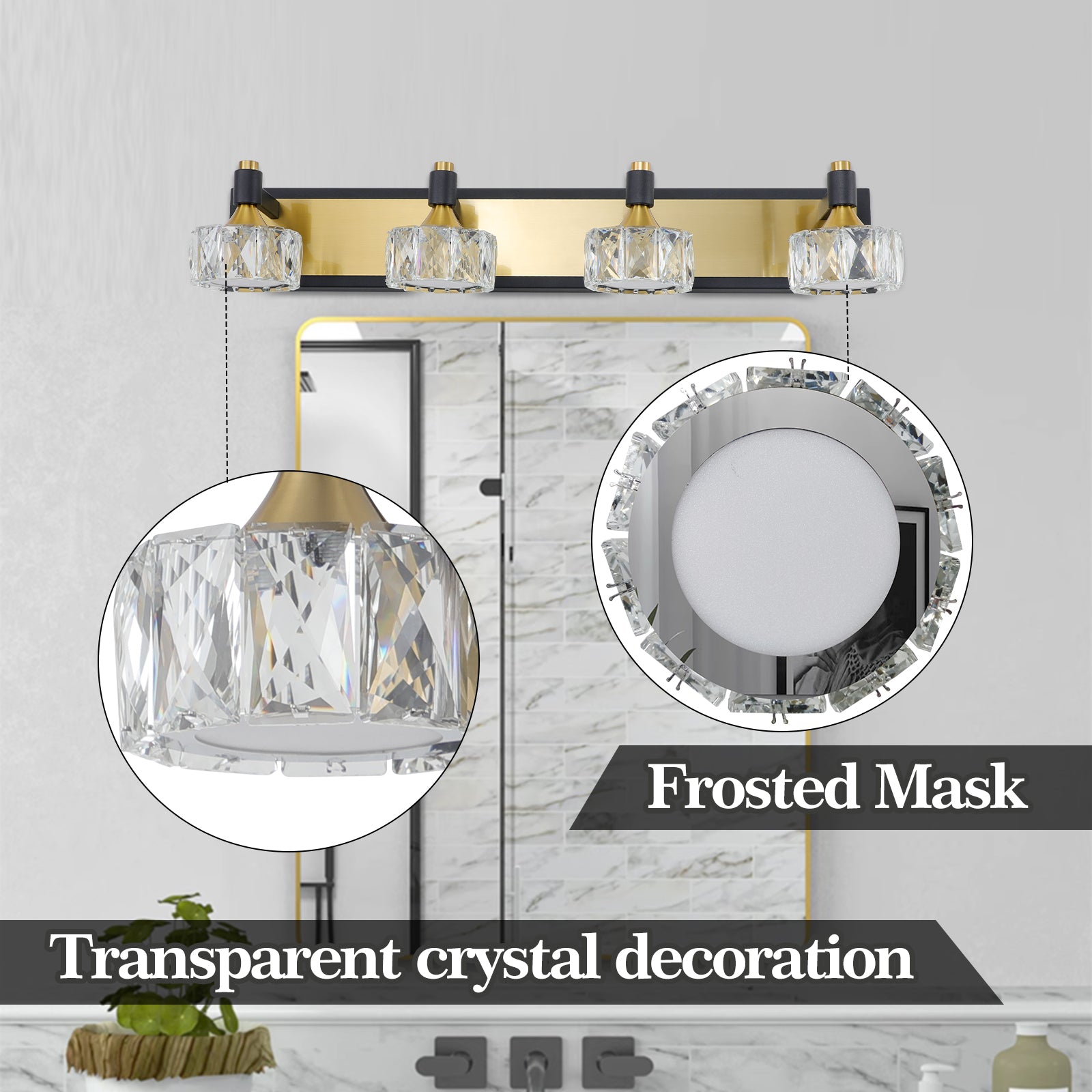 Modern Crystal LED 4-Light Bathroom Vanity Light Antique Brass