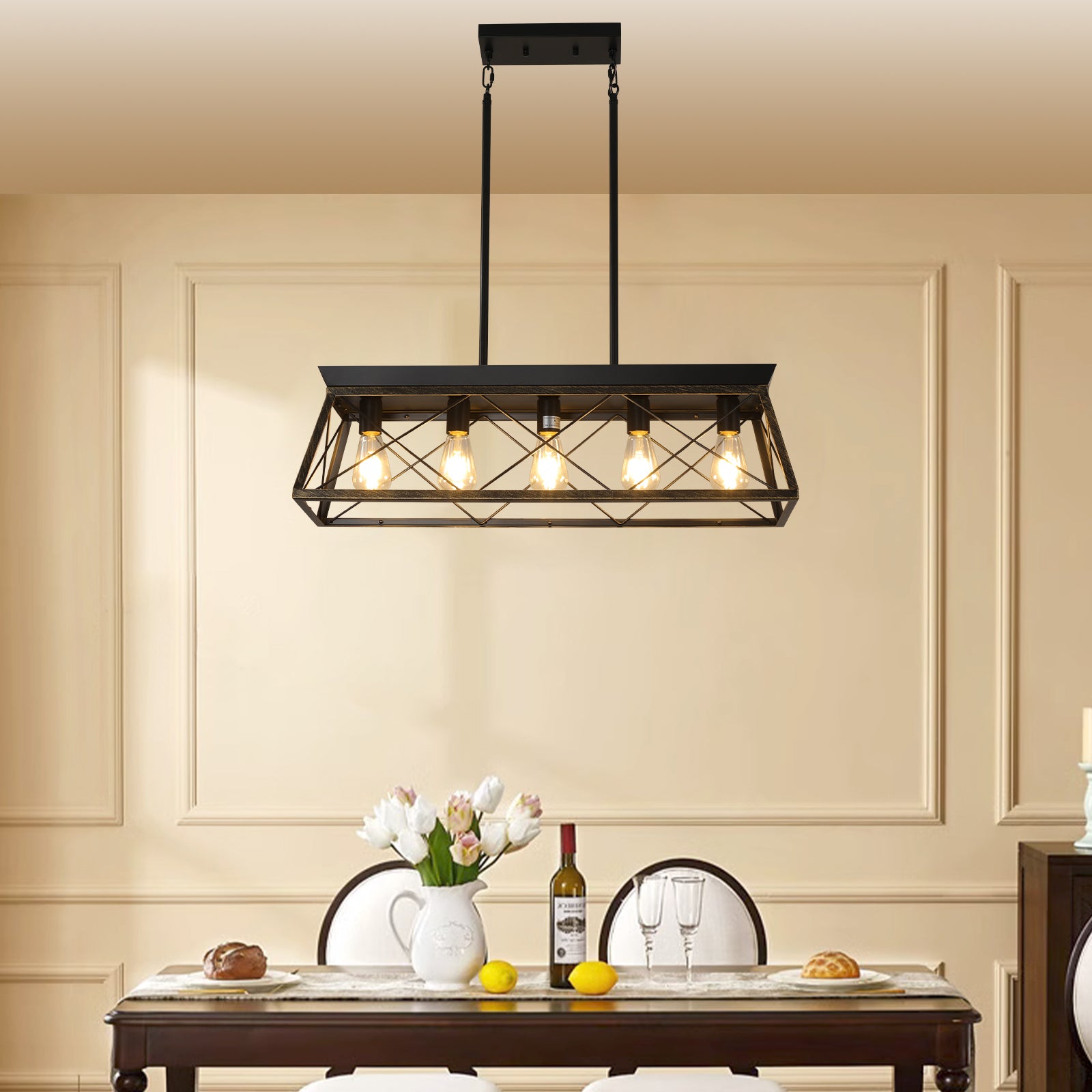 Modern Rectangular Island 5-Light for Kitchen With Black Gold