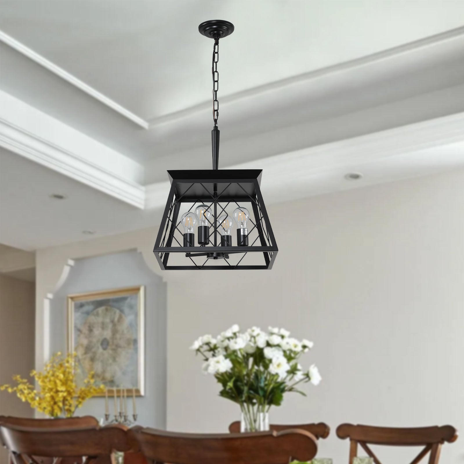 Pendant Lights 4-Light Farmhouse Chandeliers For Dining Room In Blakck