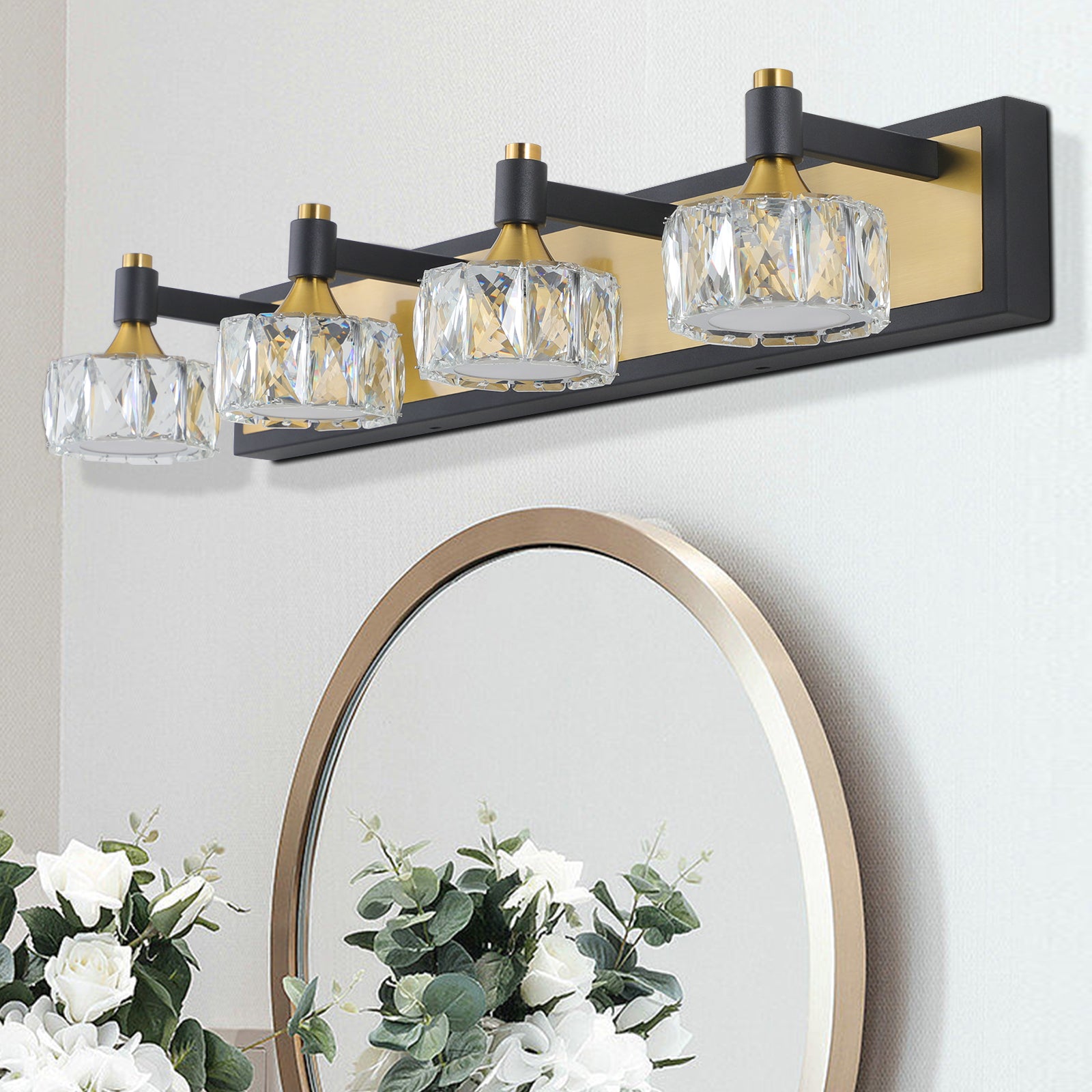 Modern Crystal LED 4-Light Bathroom Vanity Light Antique Brass