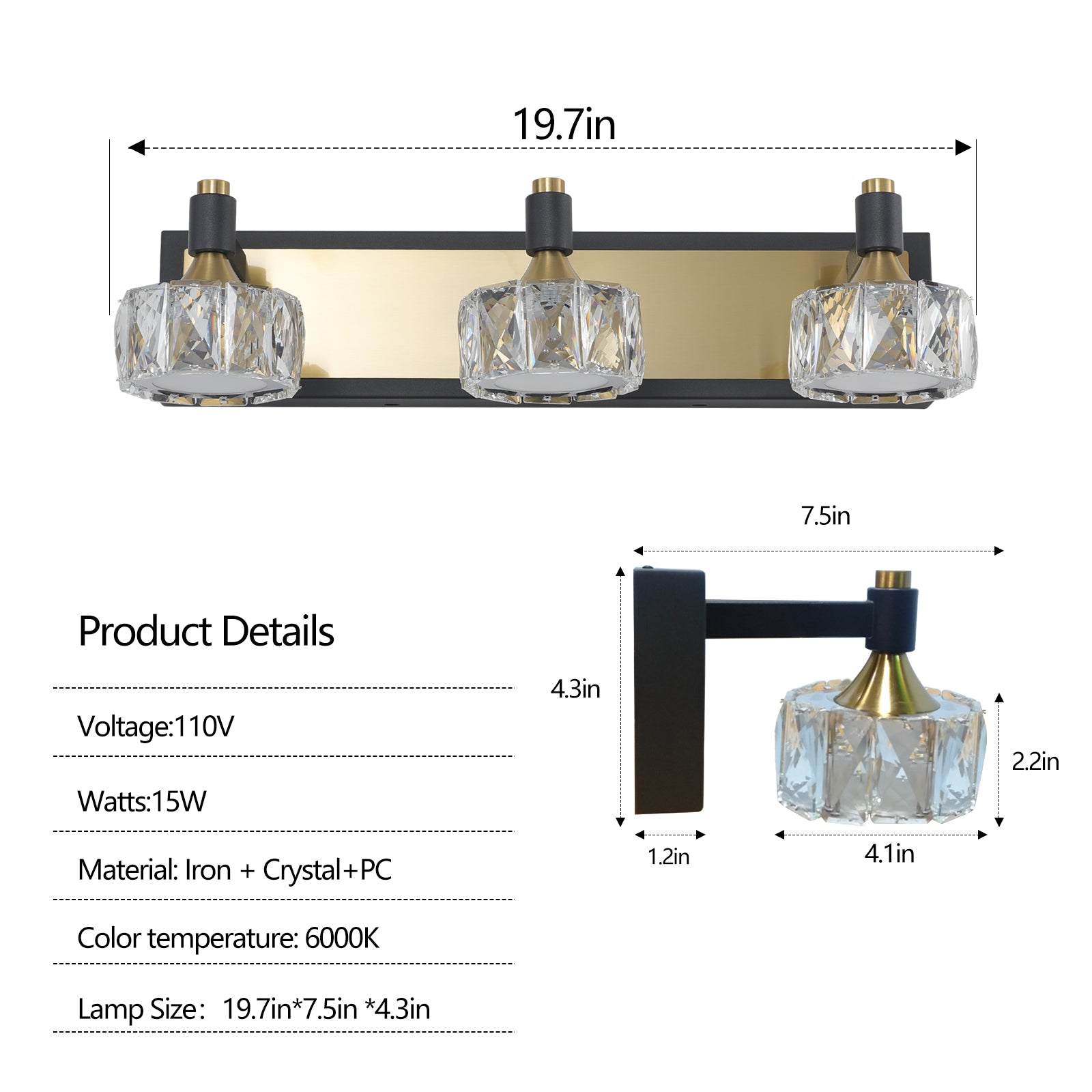 Modern Crystal LED 4-Light Bathroom Vanity Light Antique Brass