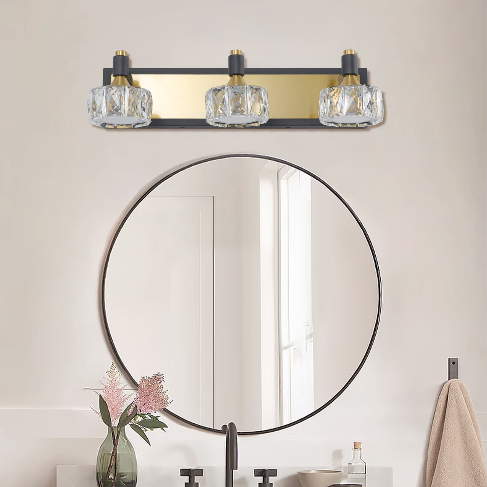 Modern Crystal LED 4-Light Bathroom Vanity Light Antique Brass