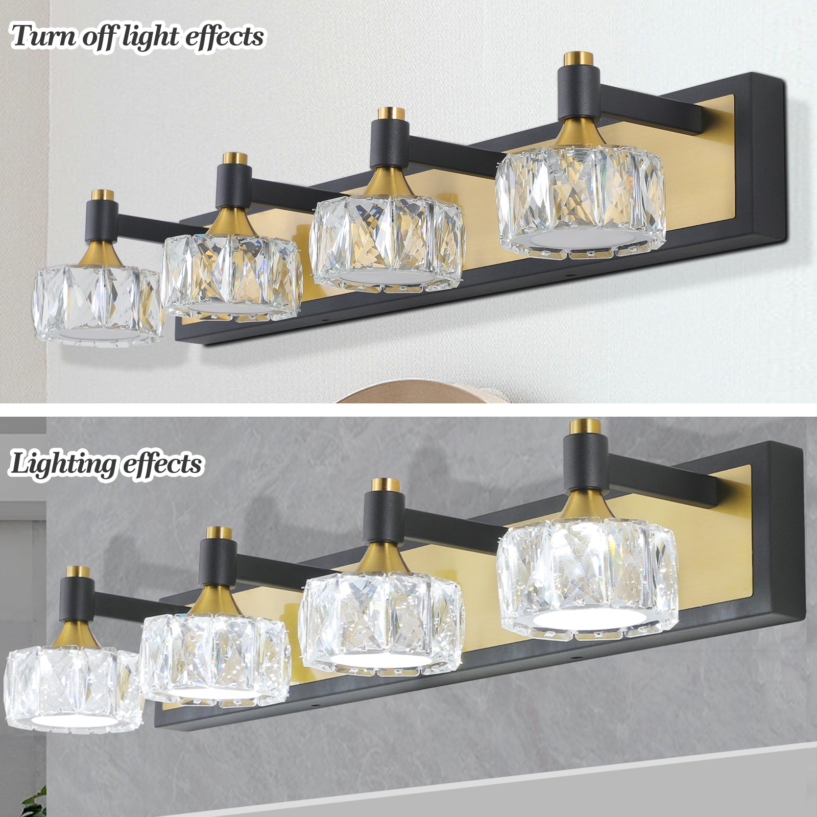 Modern Crystal LED 4-Light Bathroom Vanity Light Antique Brass