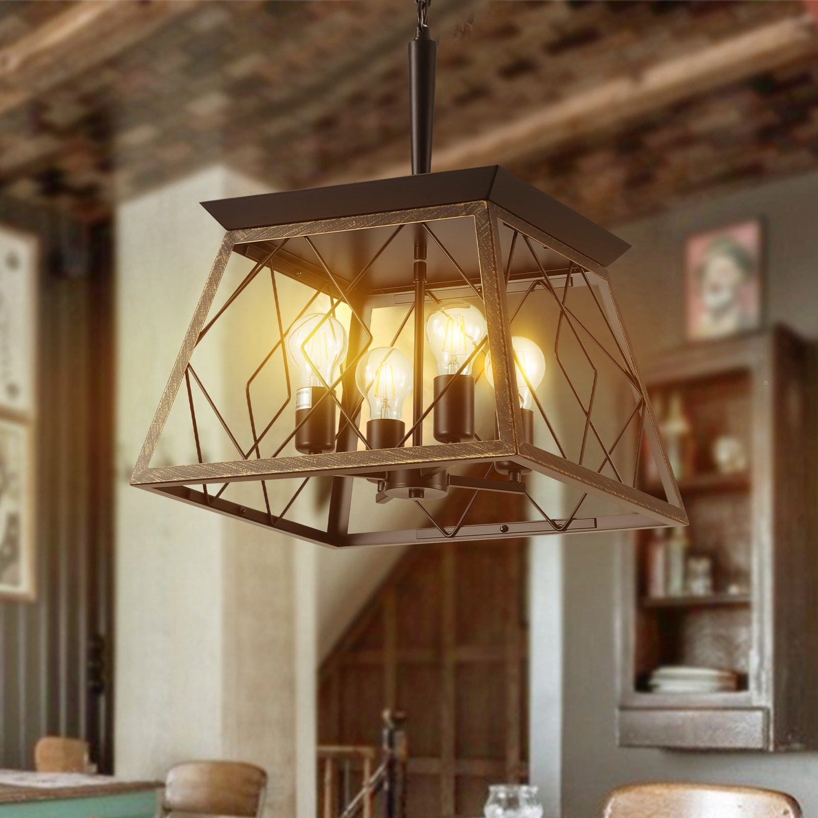 Farmhouse Chandelier 4-Light Pendant Lights  Vintage Antique In Black Gold