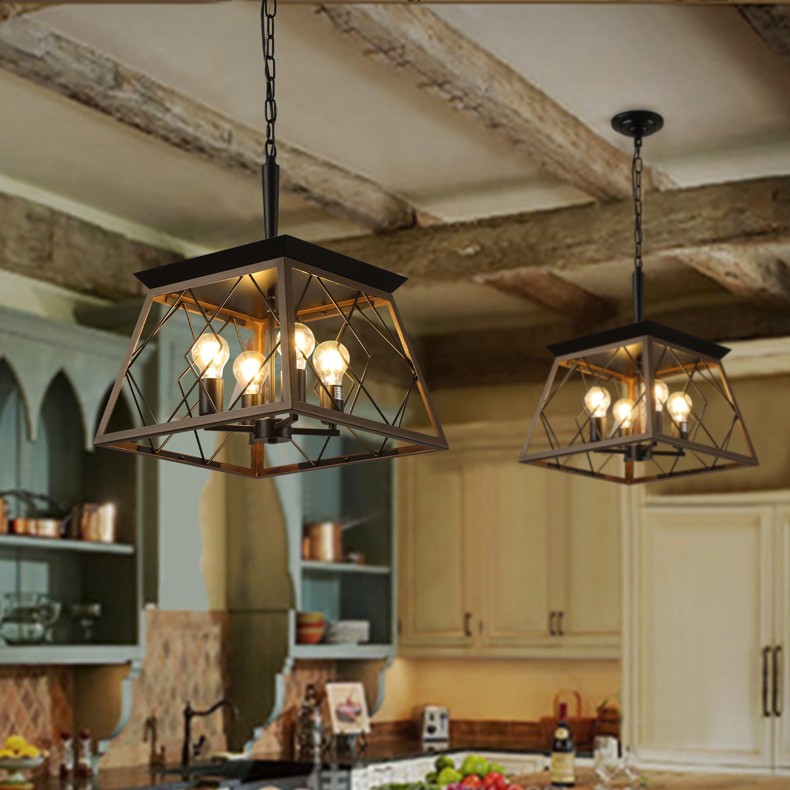 Farmhouse Chandelier 4-Light Vintage Antique Chandeliers In Walnut