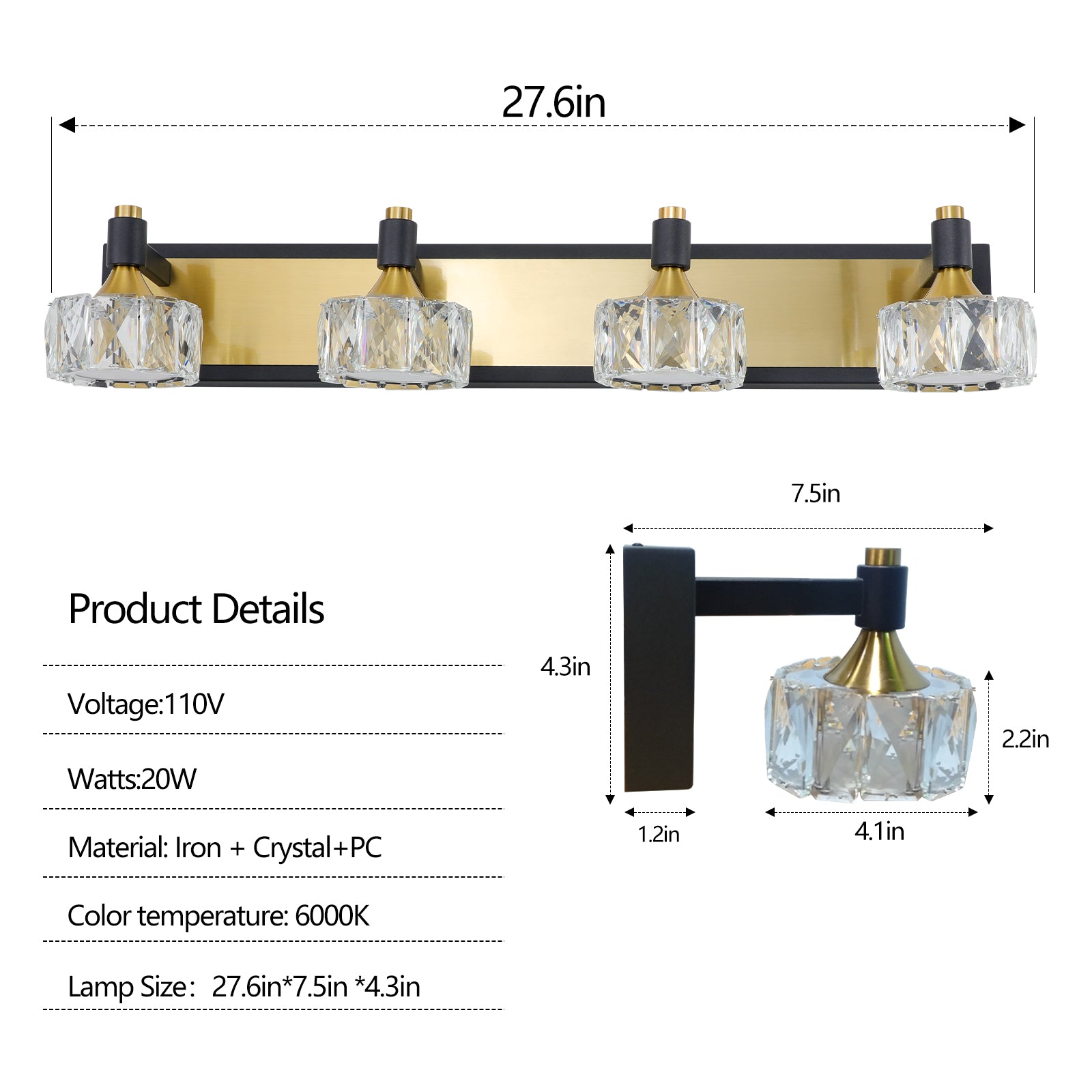 Modern Crystal LED 4-Light Bathroom Vanity Light Antique Brass