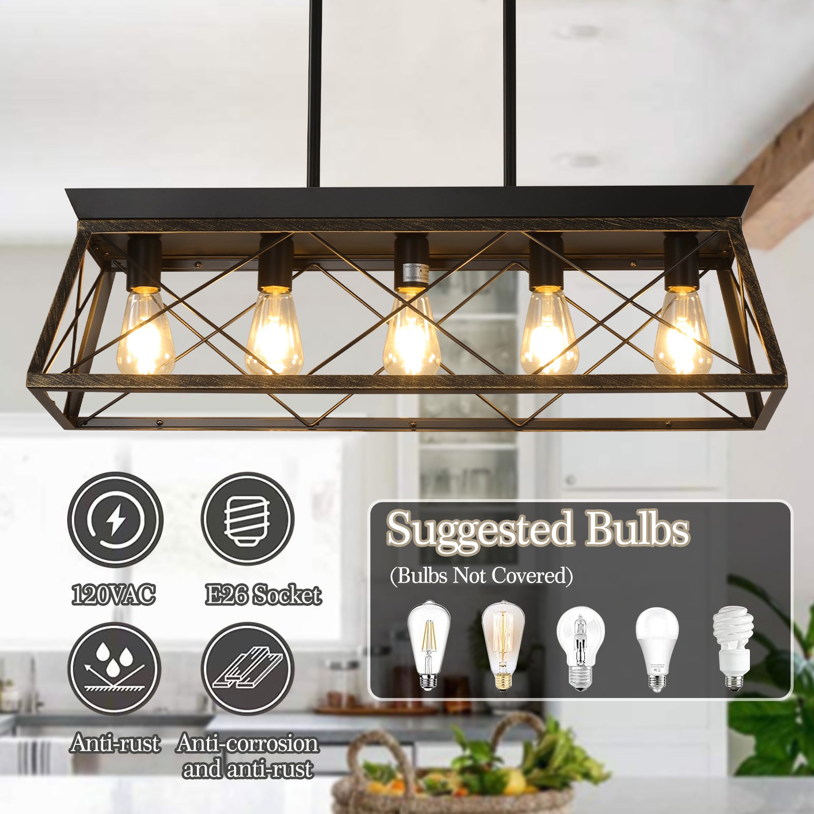 Modern Rectangular Island 5-Light for Kitchen With Black Gold