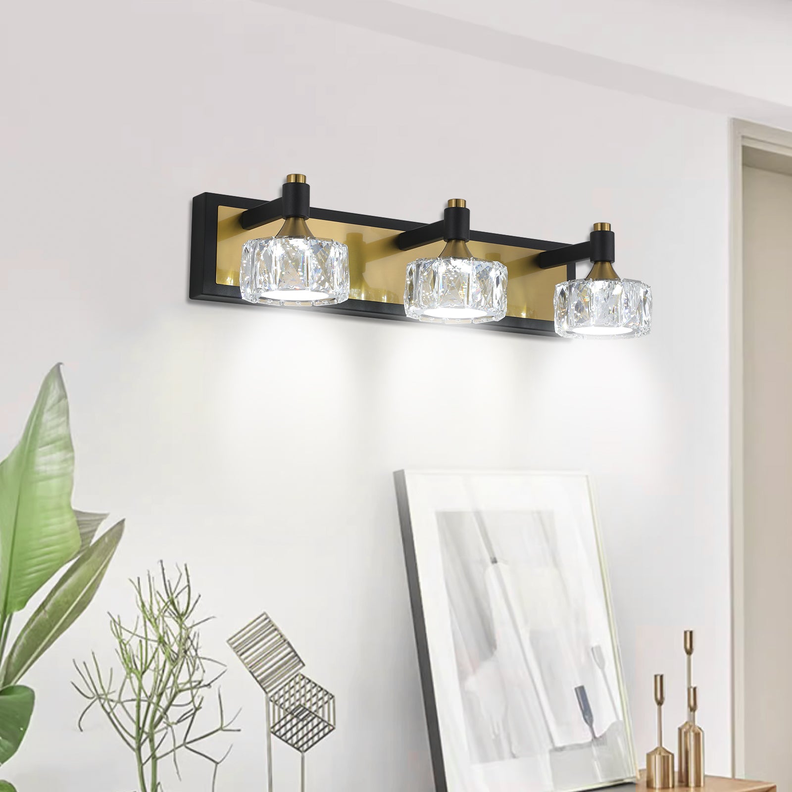 Modern Crystal LED 4-Light Bathroom Vanity Light Antique Brass