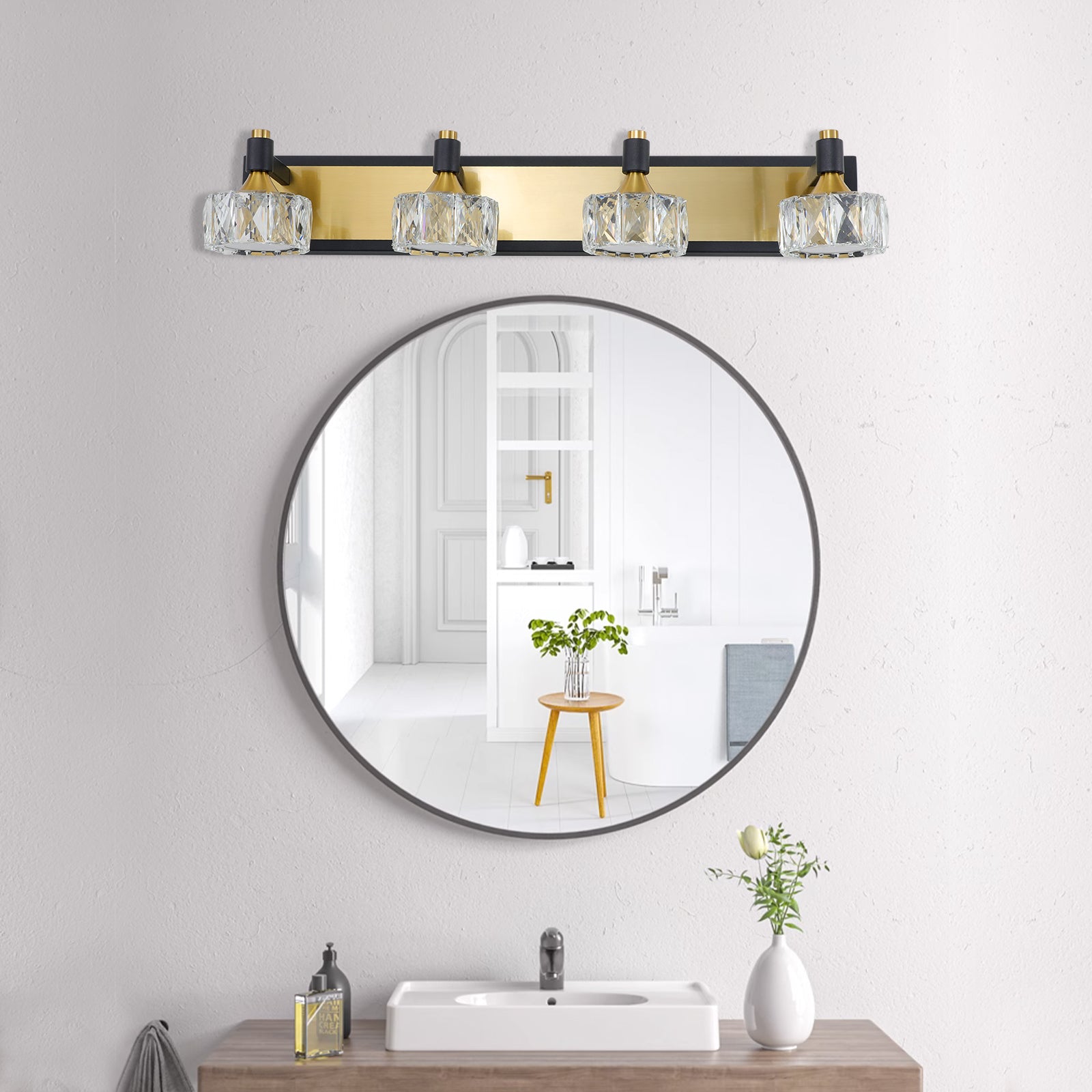 Modern Crystal LED 4-Light Bathroom Vanity Light Antique Brass