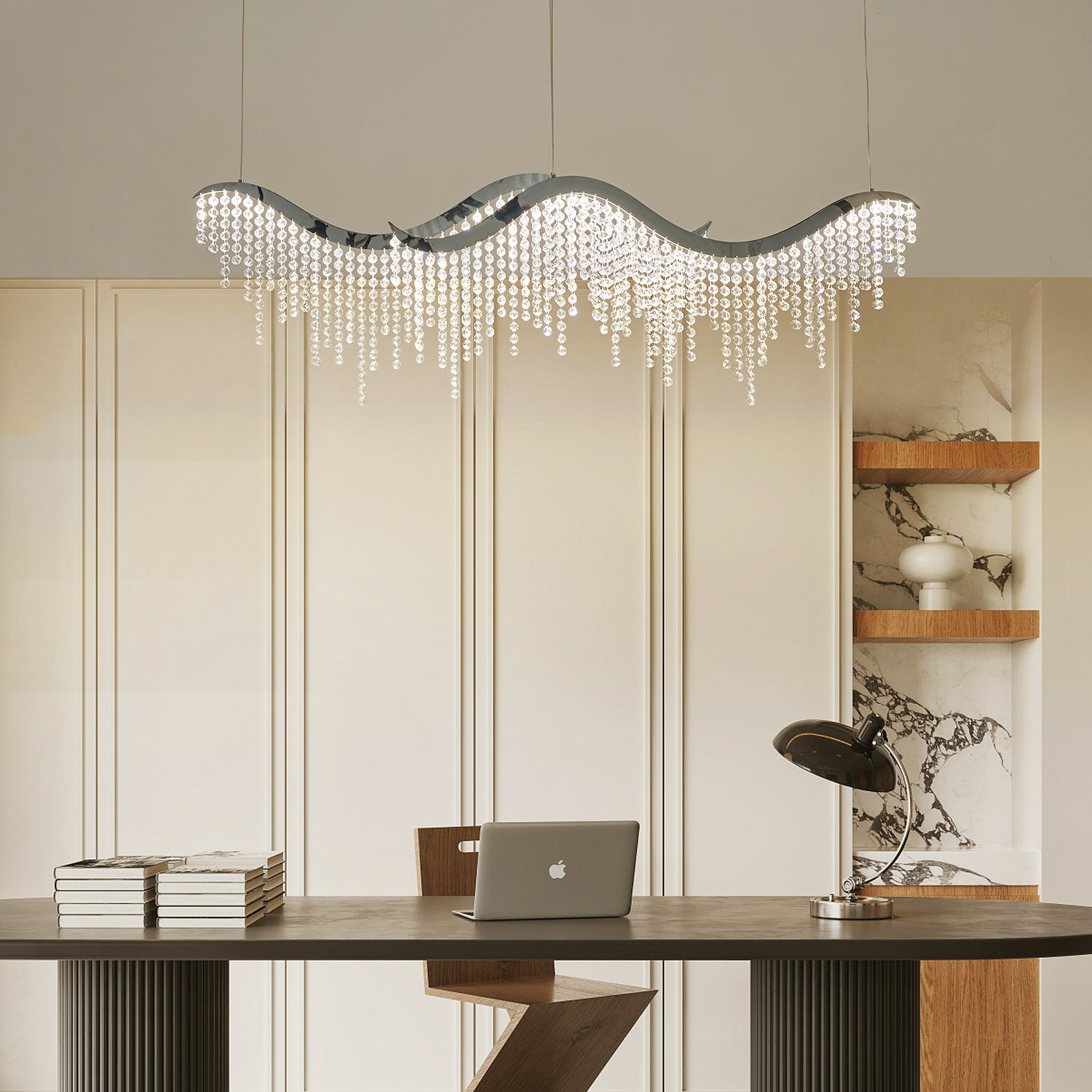 Minimalist Gold Wave LED Unique Geometric Chandelier In Chrome