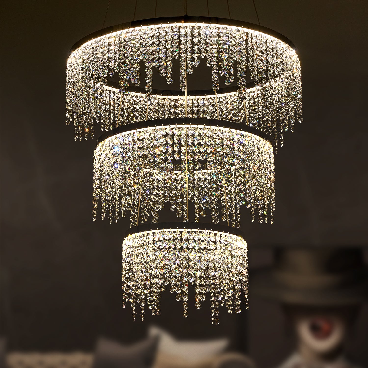 Luxury Modern Pendant Light 3 layers Fancy Hanging Crystal Chandelier In Chrome