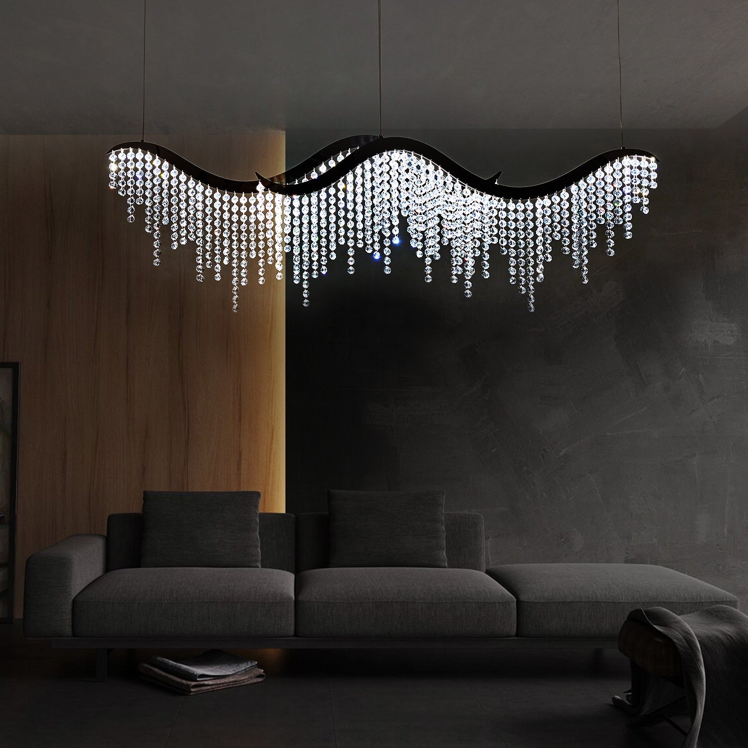 Minimalist Gold Wave LED Unique Geometric Chandelier In Chrome