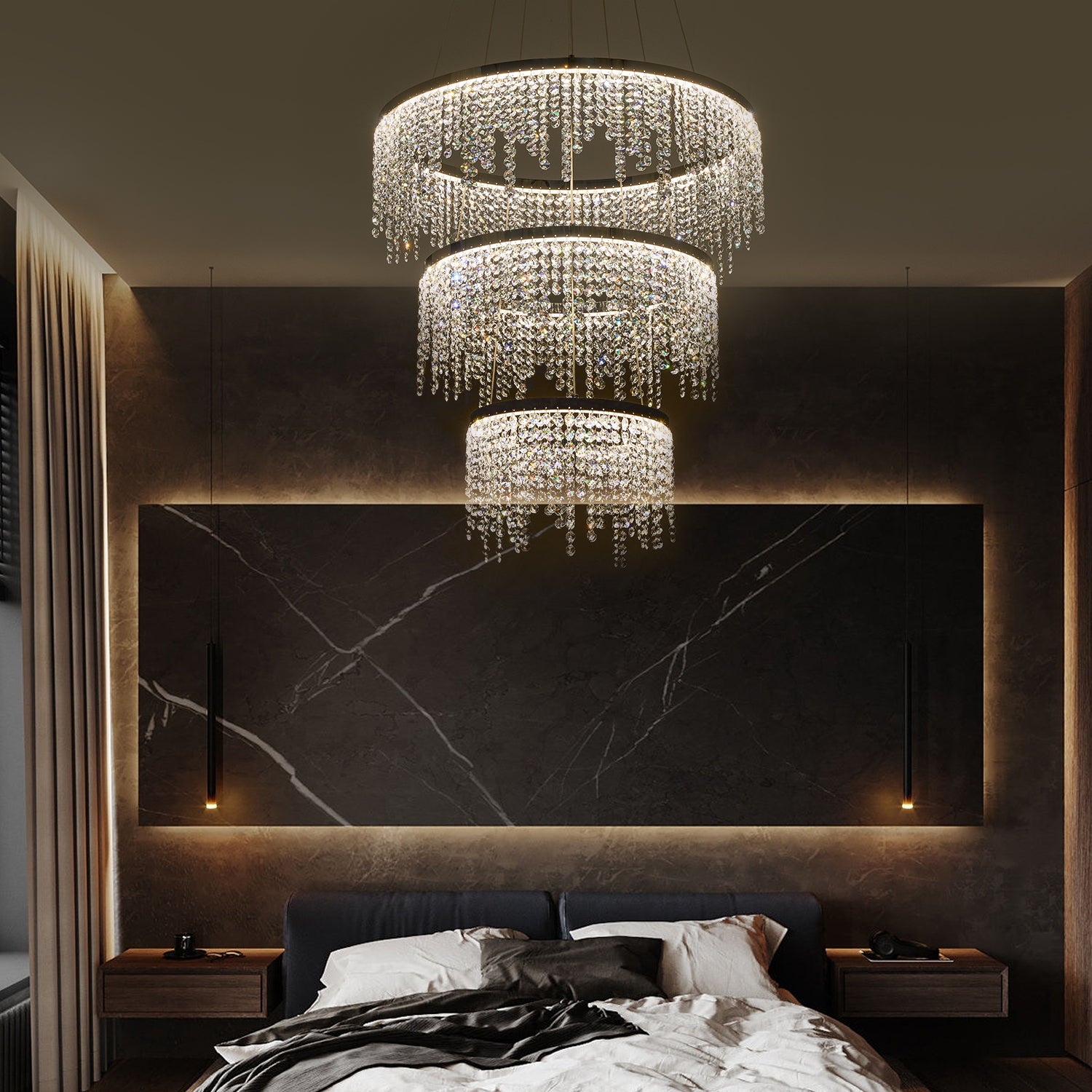 Luxury Modern Pendant Light 3 layers Fancy Hanging Crystal Chandelier In Chrome