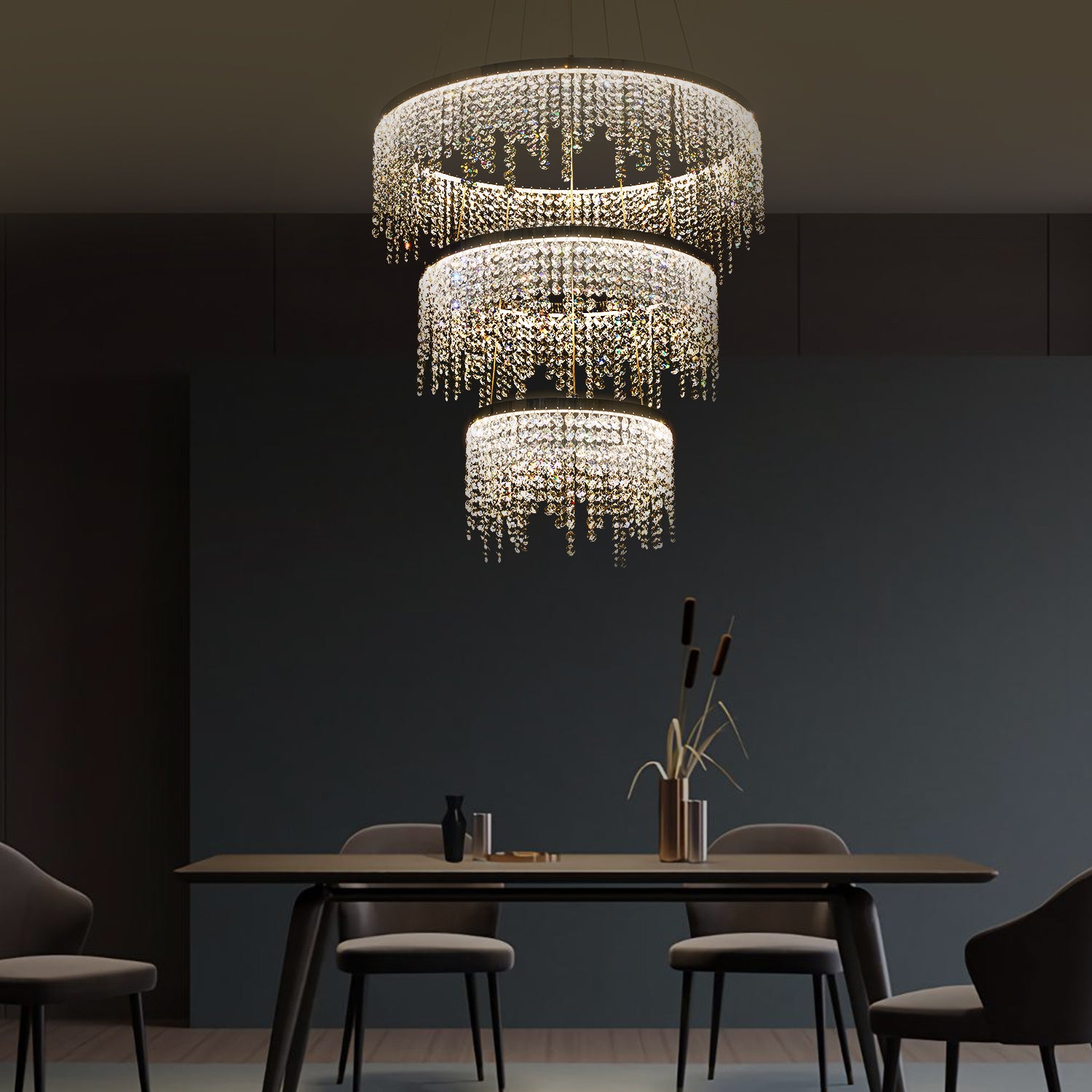 Luxury Modern Pendant Light 3 layers Fancy Hanging Crystal Chandelier In Chrome