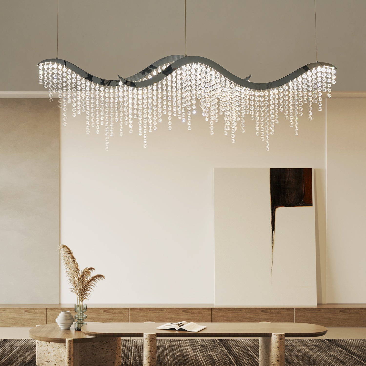 Minimalist Gold Wave LED Unique Geometric Chandelier In Chrome